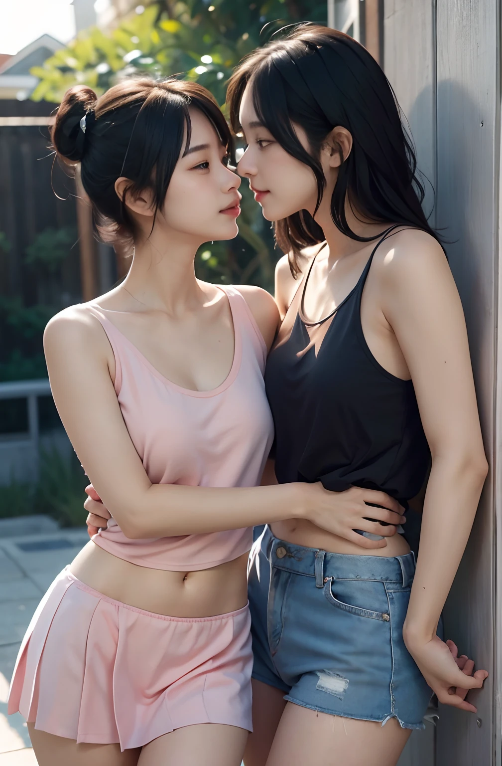 2 women having fun,leering:1.2, lecherous:1,2, Hentai:1,2, NSFW:1,2, Lesbian Yuri:1,2, Kissing, Blushing, Wear a tank top and pleated miniskirt, Hot summer days