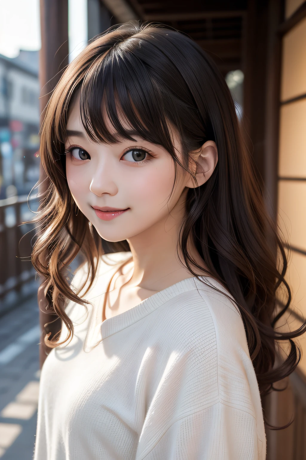 studio lights、depth of fields、full bodyesbian、A slender、cute face、a smile、Beautiful detail eyes、Japan 19 years old、cute little、Voluminous curls with warm black color、plaza、rcasual