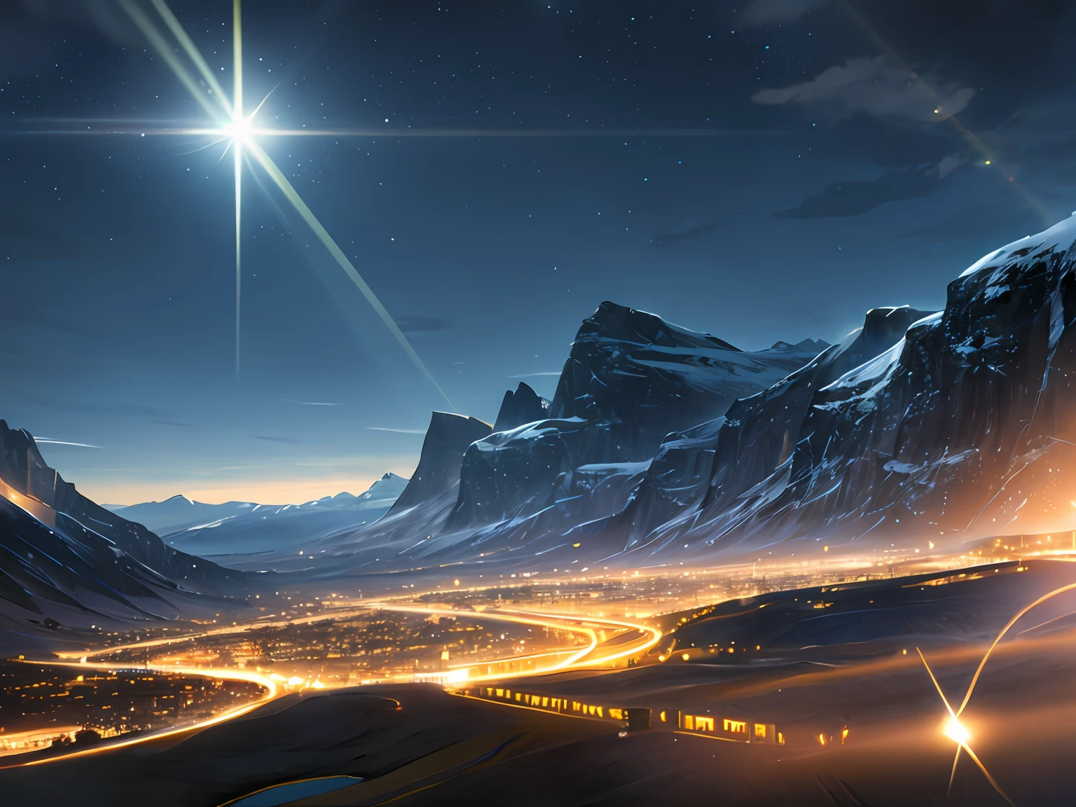 long shot, landscape background, (at night:1.2), ((Cinematic lighting)), ((dramatic lighting)), intricate detail, lens flare