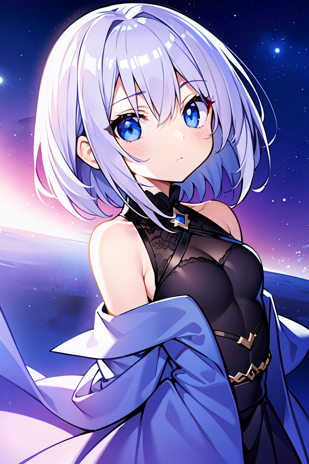 masterpiece, hyper quality, 1girl, solo girl, silver hair, blue eyes, sharp eyes, straight hair, short hair, shoulder length hair, expressionless, a night sky, dark blue sky, purple sky, in the evening, with the moon