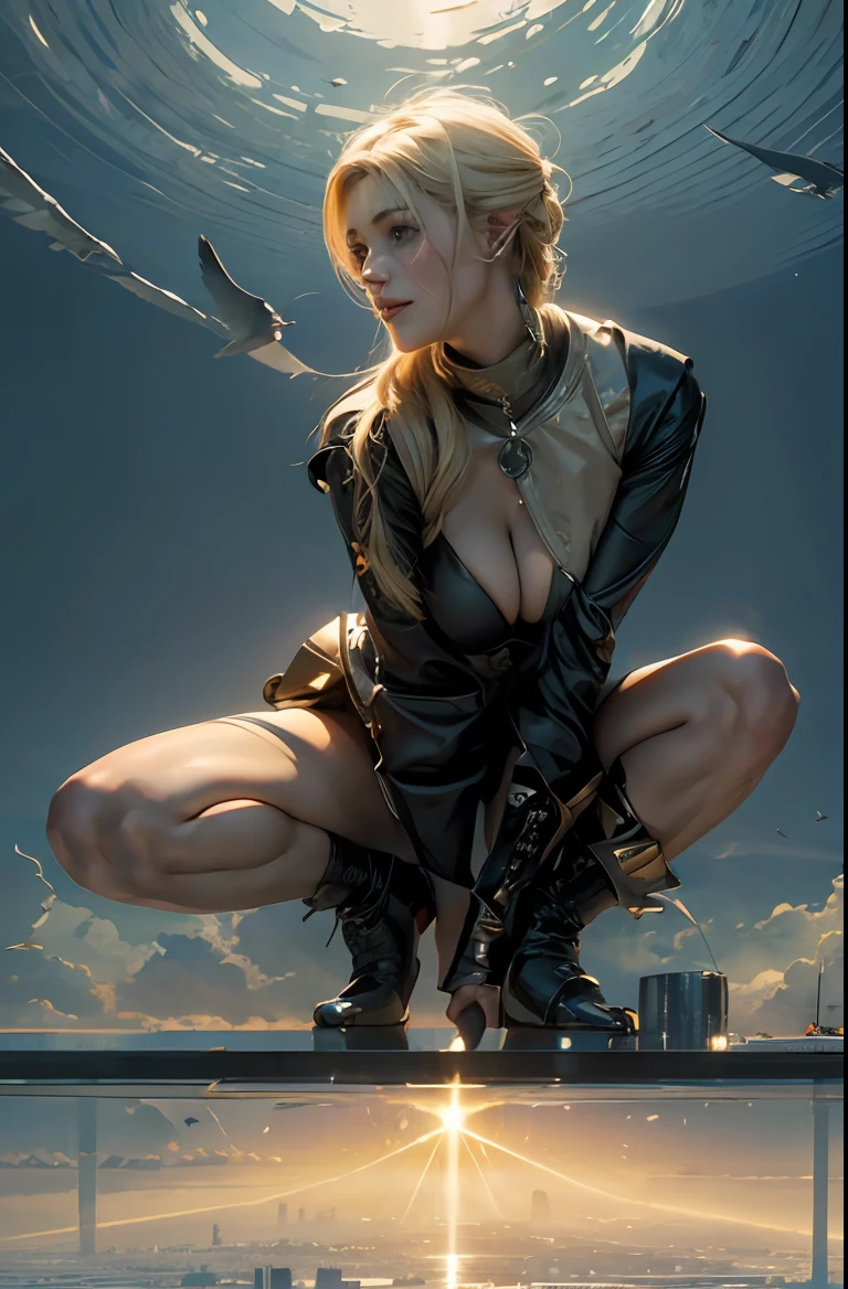 High-angle shot of a smiling blonde female character, (FISHEYE ANGLE)++++, Efecto ojo de pez, EL PERSONAJE MIRA AL HORIZONTE, THE CHARACTER IS ON TOP OF A TALL BUILDING, Elegante peinado alto de cola de caballo, Vista posterior del personaje, Vista de arriba hacia abajo, from above angle, escorzo, La imagen debe representar el cuerpo completo del personaje, Obra maestra, realista: 1.3), (Extremadamente complejo 1.2), (realista: 1.4), (Extremadamente refinado), (surrealista: 1.3), ((La mejor calidad)), ( (Obra maestra)), (Detallado),(High resolution:1.2),(Obra maestra), (La mejor calidad), (Ultra detallado), (Obra maestra), (La mejor calidad), (Ultra detallado), ( Obra maestra), (La mejor calidad), (Ultra detallado), Obra maestra, , (Obra maestra)+,Blonde superheroine, pose de cuclillas apoyando las manos en el suelo, los dos brazos cruzados por delante del cuerpo, action pose, Vista superior, 60º bird's-eye view camera angle, Vista descendente, from above angle, tetas grandes, cuerpo perfecto, buttocks raised,(Clear lines defined), BDSM, high fantasy, grabado, Lascivo, Nature of AI, action pose, ((Disparo al cuerpo completo) :1.2)), piel radiante, surrealist photography, fondo de pantalla CG 8k extremadamente detallado, HDR, Fotos RAW, DSIR, Ultra wide-angle camera, Artistic style, pose, buenas manos, buena cara, High resolution, (( photograph by Hasselblad)), piel fina, Enfoque claro, (movie lighting), Luz suave, Dynamic Angle, [:( Cara detallada: 1.2): 0.6], Wide resolution, Pies en el borde de la cornisa en la parte superior de un rascacielos, Below the city with skyscrapers in the background with the sun on the fantasy horizon, muy detallado, Better lighting, EL PERSONAJE DEBE ESTAR EN LA PARTE SUPERIOR DE UN EDIFICIO QUE MUESTRA UNA GRAN CIUDAD DEBAJO DE ELLA., Huge blue sky with fancy clouds