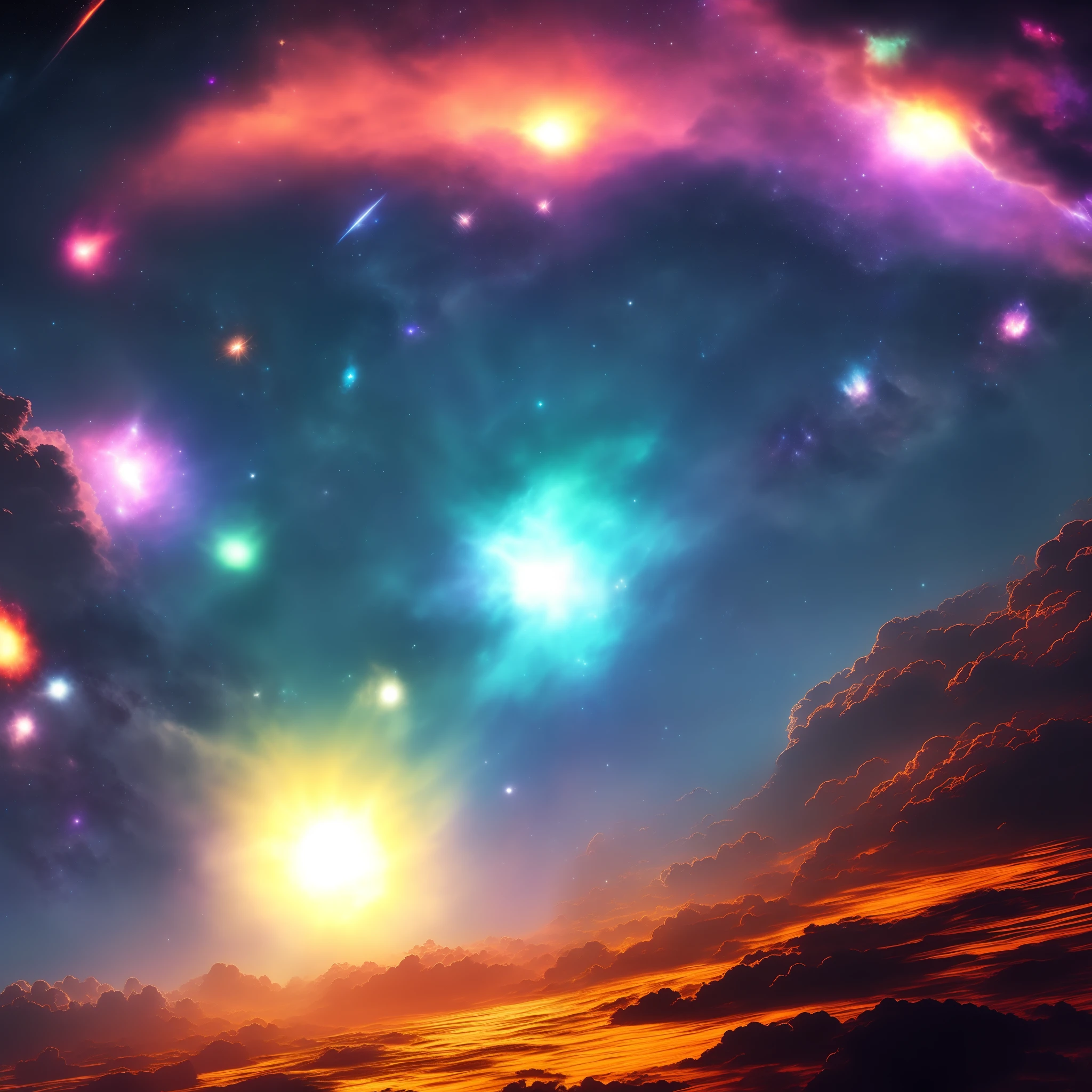 There are many lights of different colors in the sky above the clouds, space sky, cosmic and colorful, Cosmos Sky, Cosmos Sky, colorfull sky, Colorful night sky, stellar sky, background artwork, amazing wallpapers, cosmic colors, Fantasy space, Colorful nebula, cosmic starry sky, planet in the sky, luminous stellar sky, universe in the sky, Colorful sky, space clouds