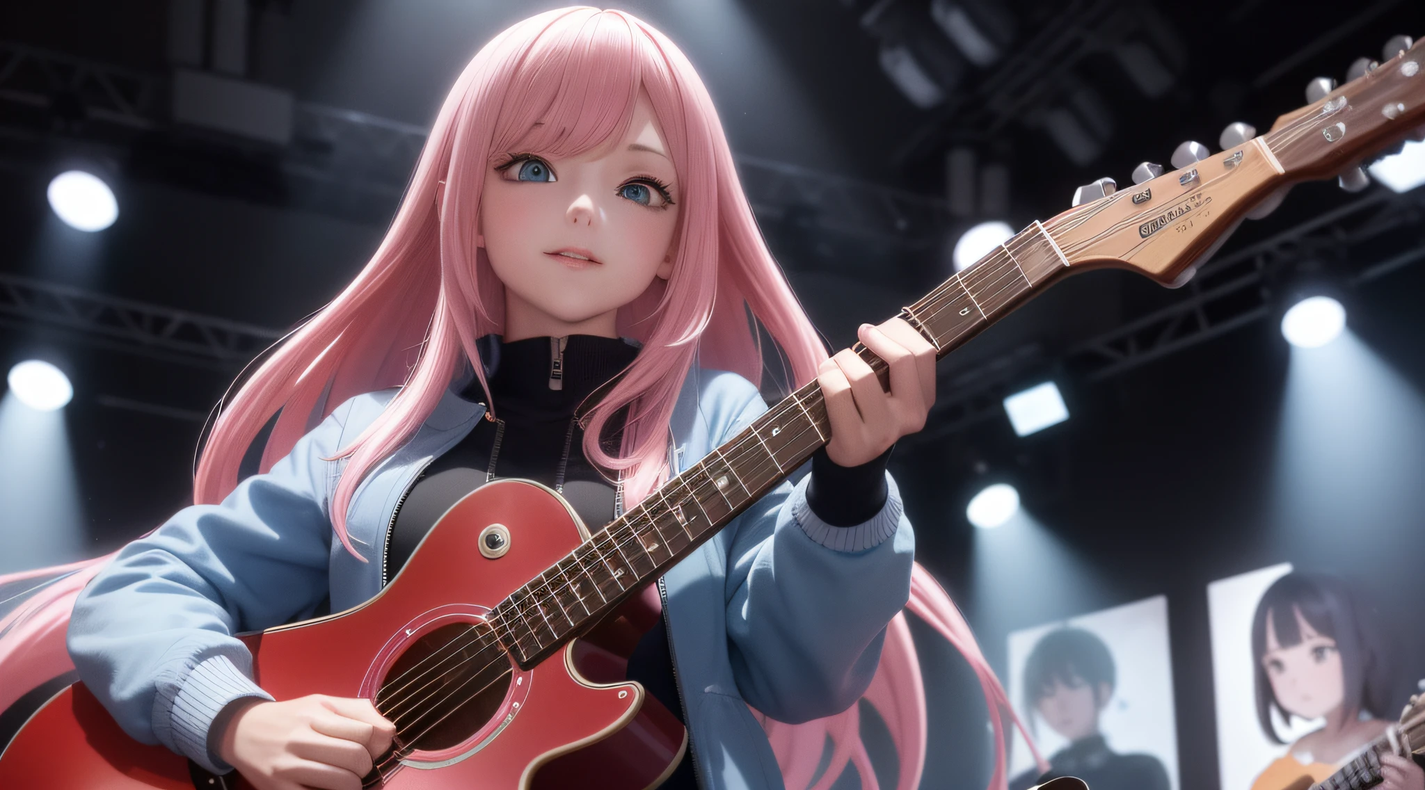 HD 8K wallpaper，Youtube cover，（1个Giant Breast Girl）（Solo exhibition）（tmasterpiece）， inside in room，stage，deep dark background，The scene， Ray traching，lens flare glow，with light glowing，atmosphric perspective （Black guitar：1.4）（plays the guitar：1.4），microphones， The upper part of the body，From below，Dynamic pose Hitori Bocchi，Pink hair，（long whitr hair：1.4），Blue and yellow hair ornaments，blue colored eyes，（Pink tracksuit），Pink jacket，Pink pants，Closed jacket Parted lips，ssmile，Heavy breathing，glittery，full face blush，focus-on