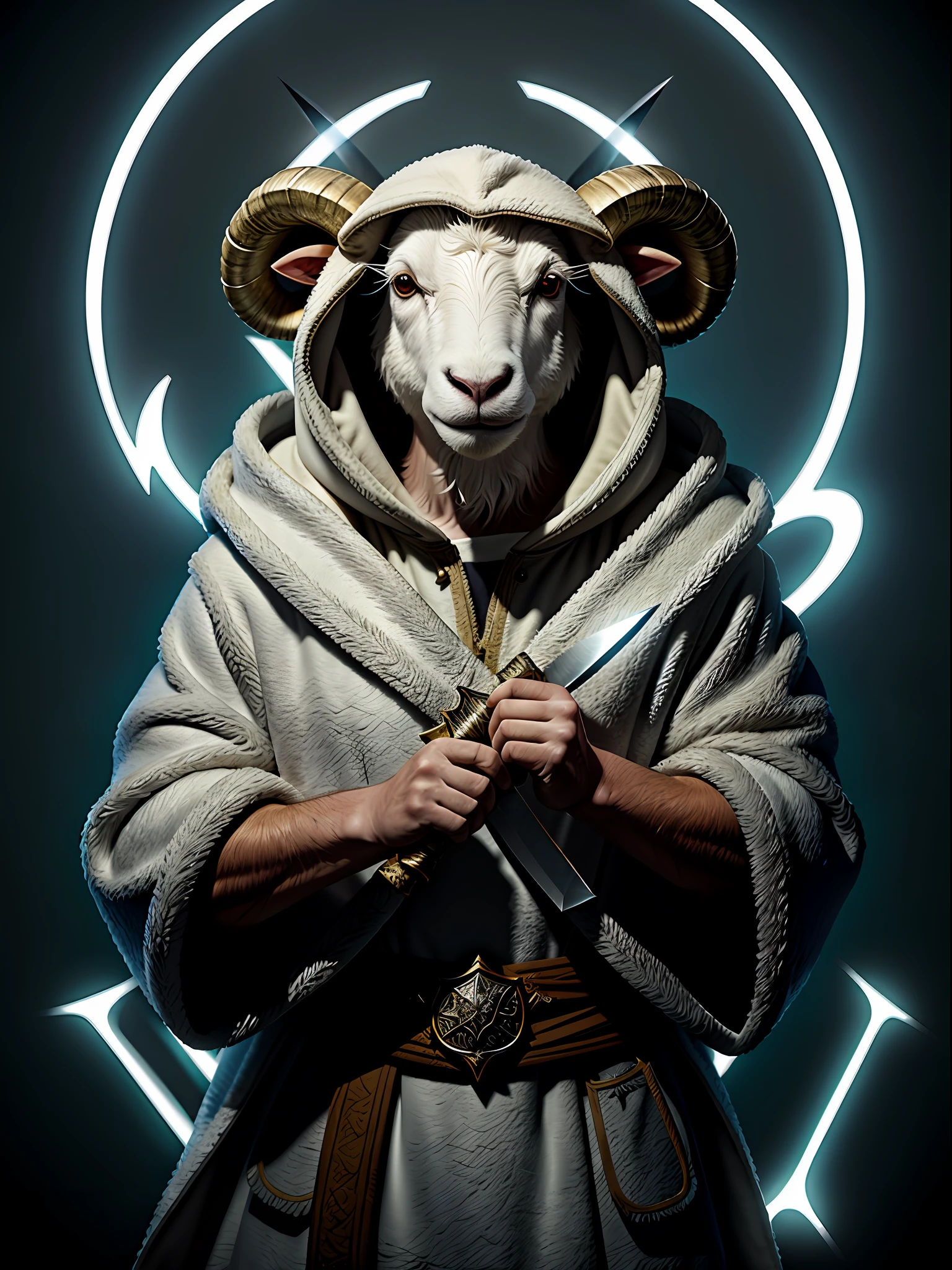 Close up of sheep in robes holding knives, Sheep bandits, Hooded robe, daggers, Anthropomorphic sheep, Cute anthropomorphic sheep, wojtek fus, Fur armor, Fluffy, hyperrealistic fantasy art, Dressed in intricate gorgeous costumes、masterpiece, top-quality, in 8K , intricate detailes, ultra-detailliert , light Particle