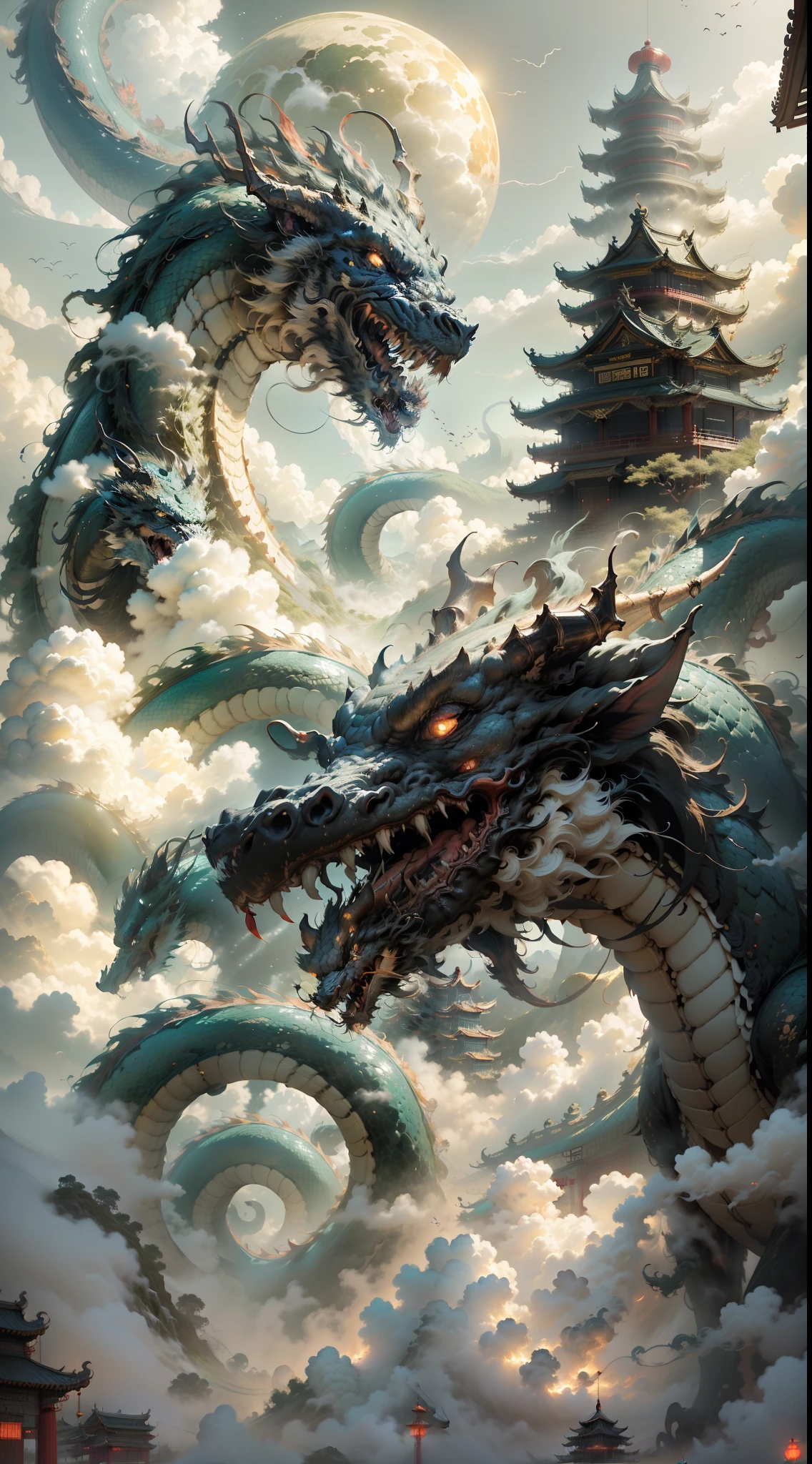 A huge dragon like a mountain devours the sun and the moon, its figure appears in the clouds, the black water is surging, (the waves rush to the sky), the fairy mountain island, (the pavilion is in the clouds in mid-air), ((clouds and mist)), roaring, fierce, ((Chinese mythology)), high quality, ultra-fine, detailed, accurate, (masterpiece), master work, (16k resolution), movie lighting, dynamic perspective, ((chinese temple))