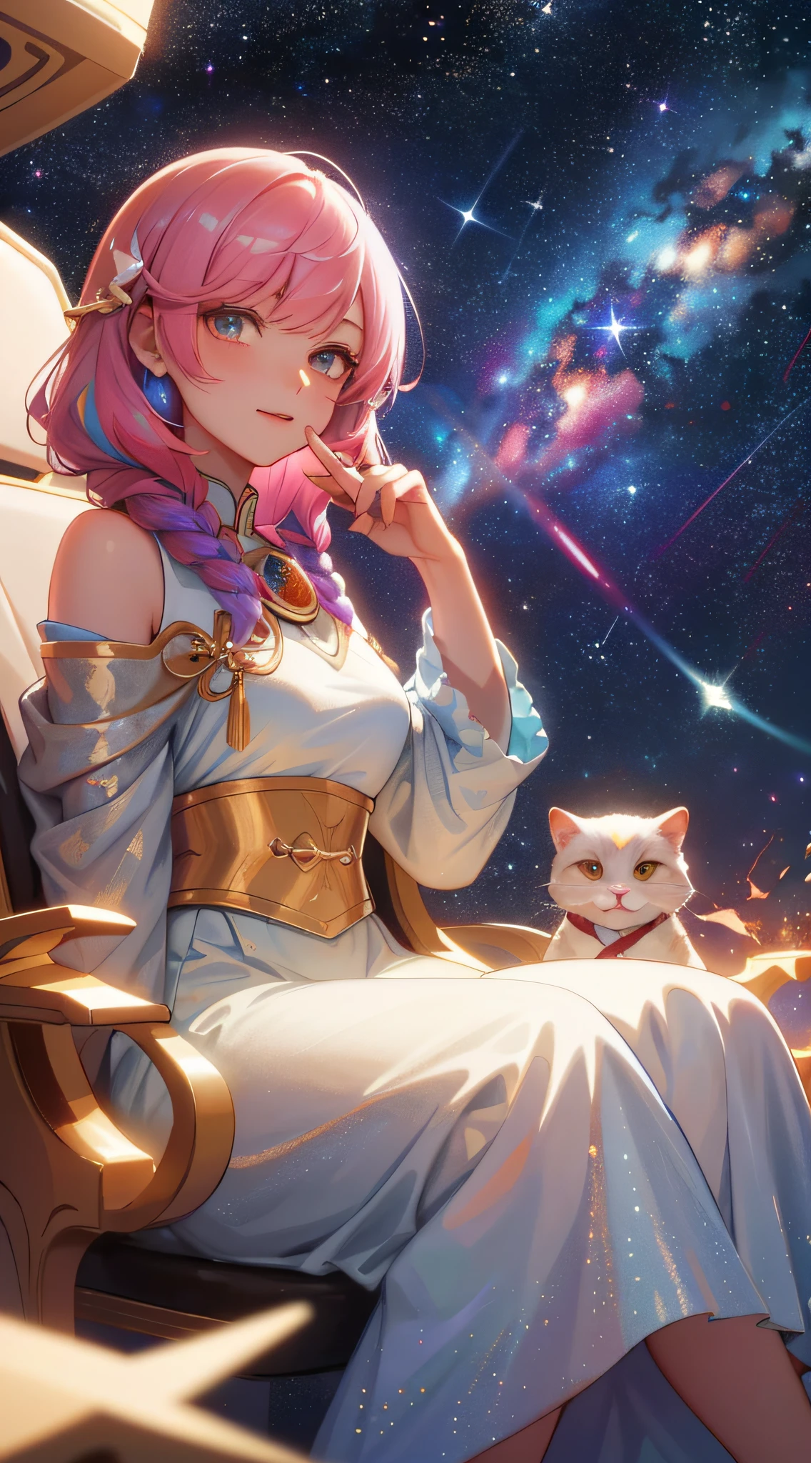 high detal,hyper-detailing,超高分辨率,looking at the stars,Girls enjoying time in fantastic galaxy,Surrounded by stars,Warm light shines on her,The background is a starry sky with colorful galaxies and galactic clouds,Stars flew around her,Added a playful vibe,