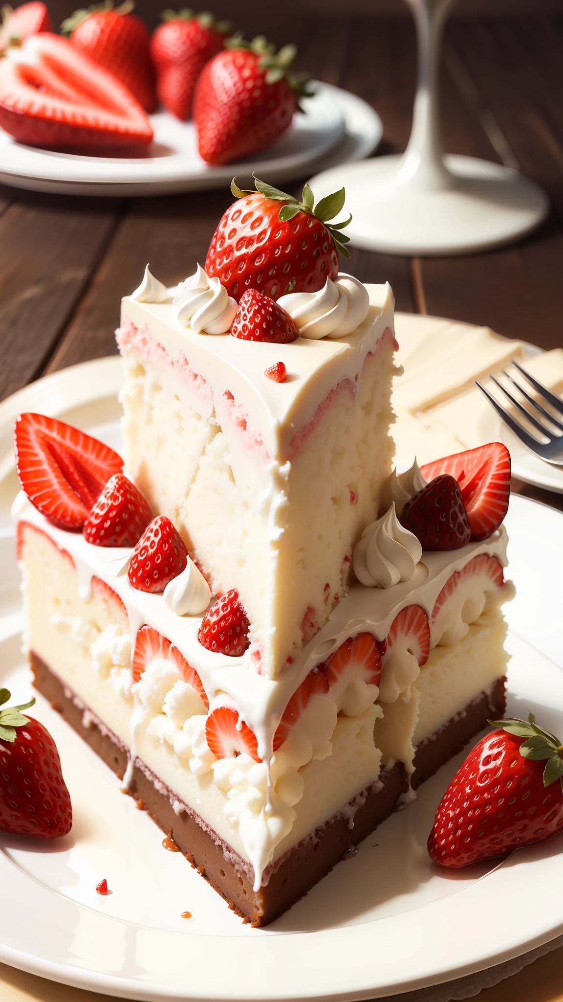 Close flies on a piece of cream cake and strawberries