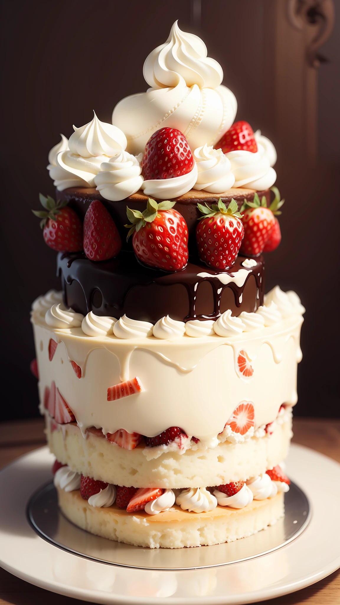 Close flies on a piece of cream cake and strawberries