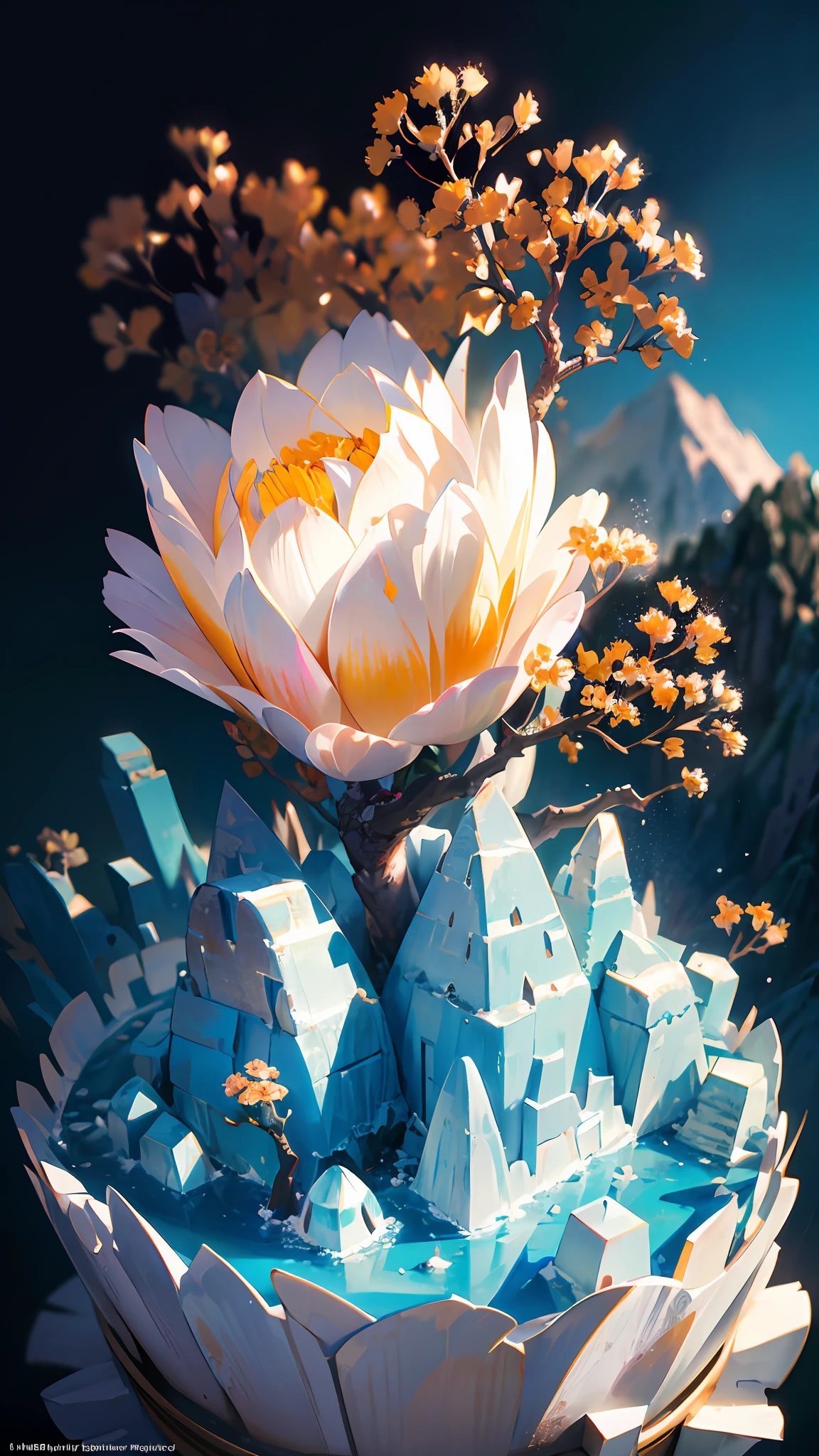 best quality, realistic, photorealistic,  ultra detailed, "Mountain of Flower and Fruit+Fairy+Chinese Architecture" highly detailed carving on "southern ice" porcelain,Ultra wide angle,Accent Lighting,Volumetric Lighting,backlighting, (detailed light),((an extremely delicate and beautiful)),dramatic_shadow,ray_tracing,hdr