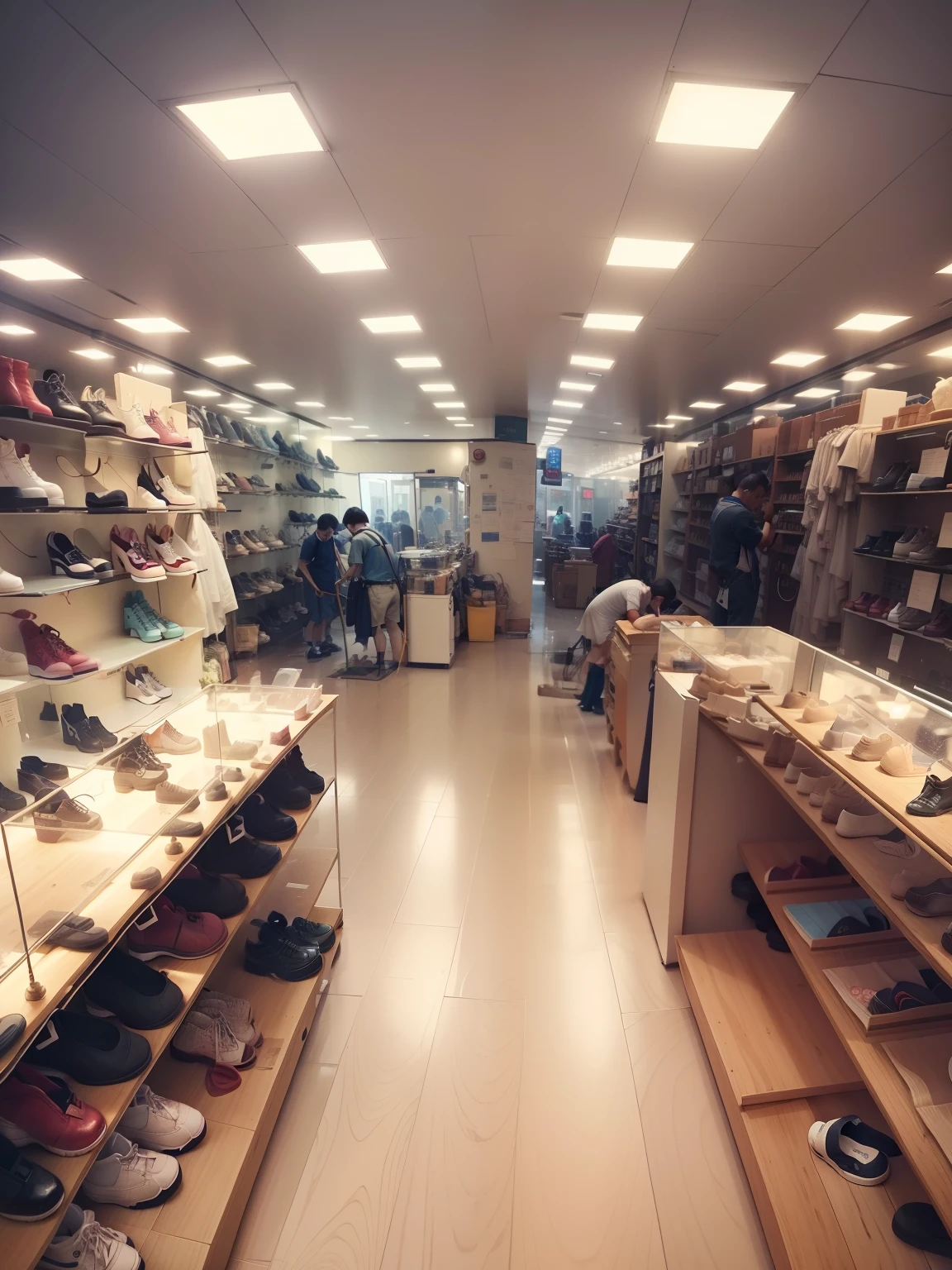 This is shoe shop and workers doin cleaning shoes and intered costomers