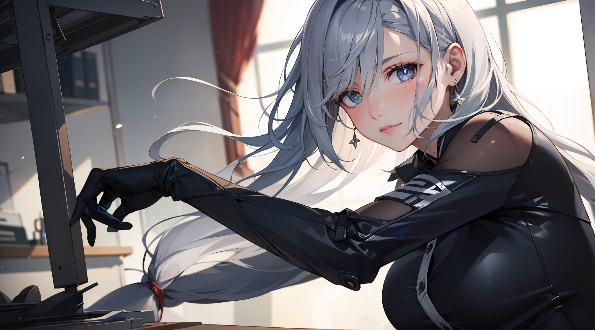 electrician girl, electrician suit, upper body, seductive look, blush, indoors, in office, looking at viewer, cloudy, moody lighting, (perfect detail eyes:1.2), glowing eyes, (long hair:1.2), elemental skill effect, (Masterpiece, Best Quality, High Quality:1.4), professional artwork, Intricate Details, field of view, sharp focus, detailed painting, photorealistic lighting, trending on pixiv, (vivid lighting, vibrant colors:1.05), realistic shadows, ambient occlusion, (athletic body:1.3), mature woman, 30yo, shenhe, hyperdetail eyes, beautiful eyes, (((solo:1.4))), semi-realistic hair