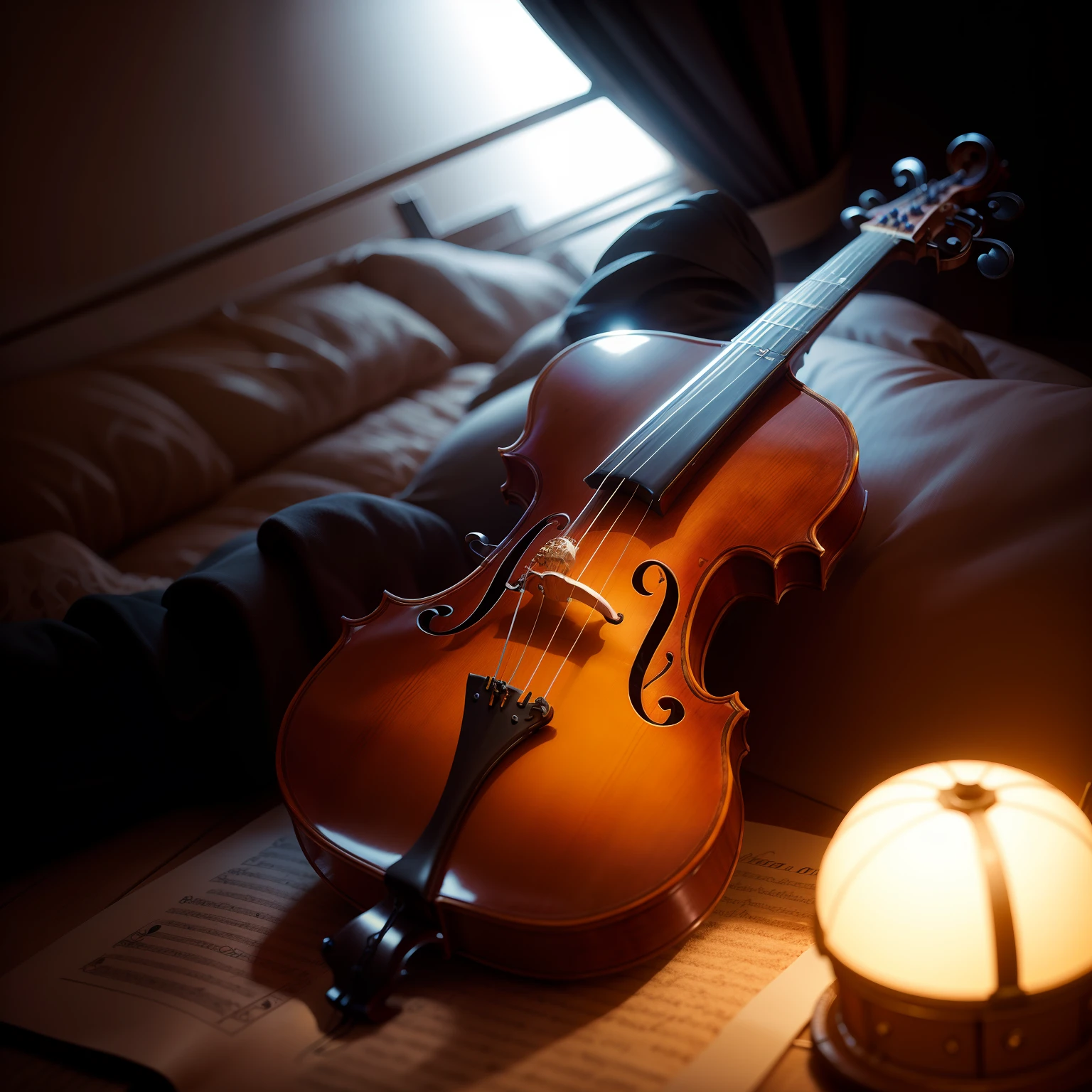 foto surrealista violino em pe em uma cadeira a luz do luar a noite com notas musicais flutuando