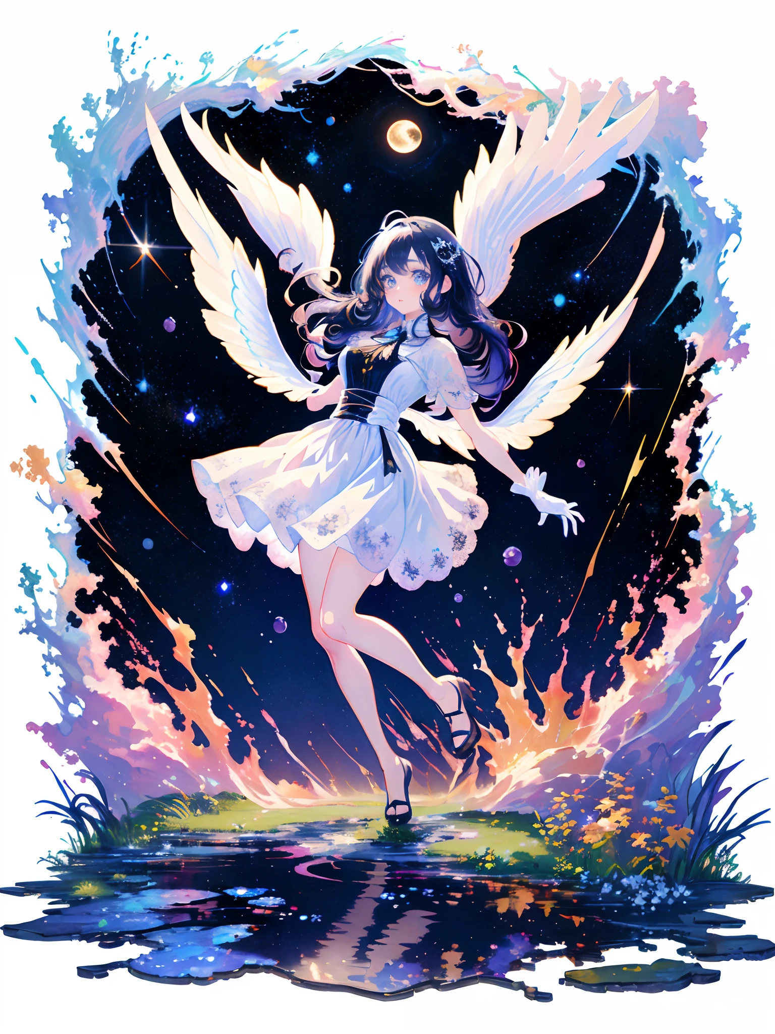 [(white background:1.5),::5] (isometric:1.0),(( wide shot, full body)),//1 girl, dressed elegantly in a white dress with lace, transparency, white gloves, kawaii rpg, official art, gacha banner, the background is the night sky full of stars shining on the milkyway, moon, long flowing hair, galaxy eyes, dust particles, best shadows and lighting, gacha splash art,