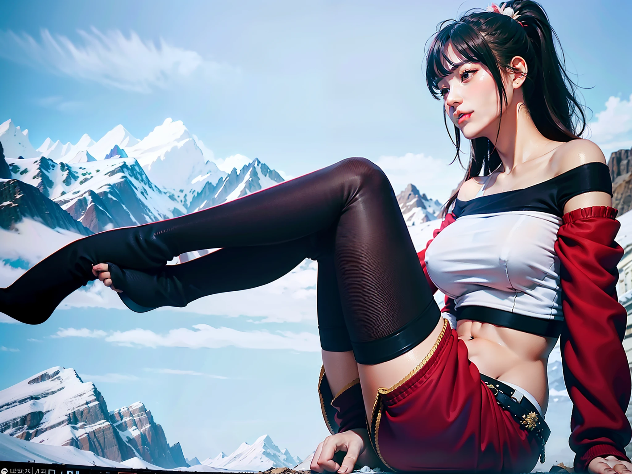 Qi bangs，Feather duster ponytail, Black hair, Long hair, (finely detailed beautiful eyes and detailed face), Mountains, Snow, snowflower, , 1girll, Masterpiece, Best quality, Sun, sky, Cloudy sky, full bodyesbian, Red eyes, Hands in hair, black knee high stockings, Red slip top，36D cup chest