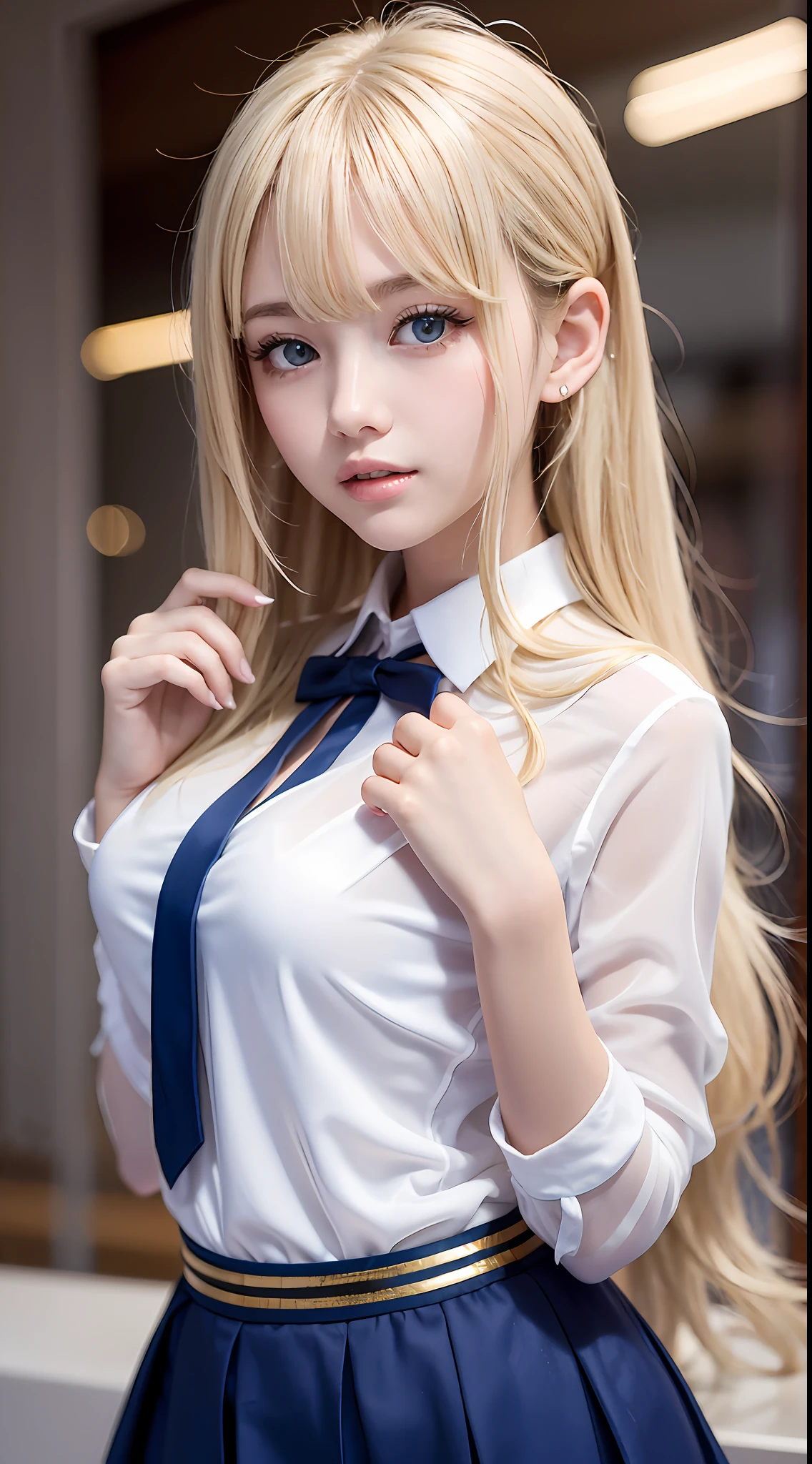 porate、School uniforms、bright expression、poneyTail、young and shiny white shiny skin、Best Looks、Gold reflects light、Platinum blonde hair,Shine brightly、Shiny light hair,、Super long silky straight hair、Beautiful bangs that shine、Big blue eyes sparkling,Like crystal clear and captivating、Very nice and lovely girl、Lush bust
