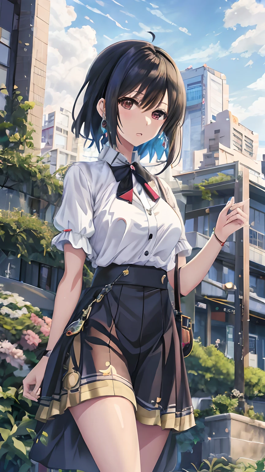 She is a girl from the future。Combat uniform with blue design on white background。