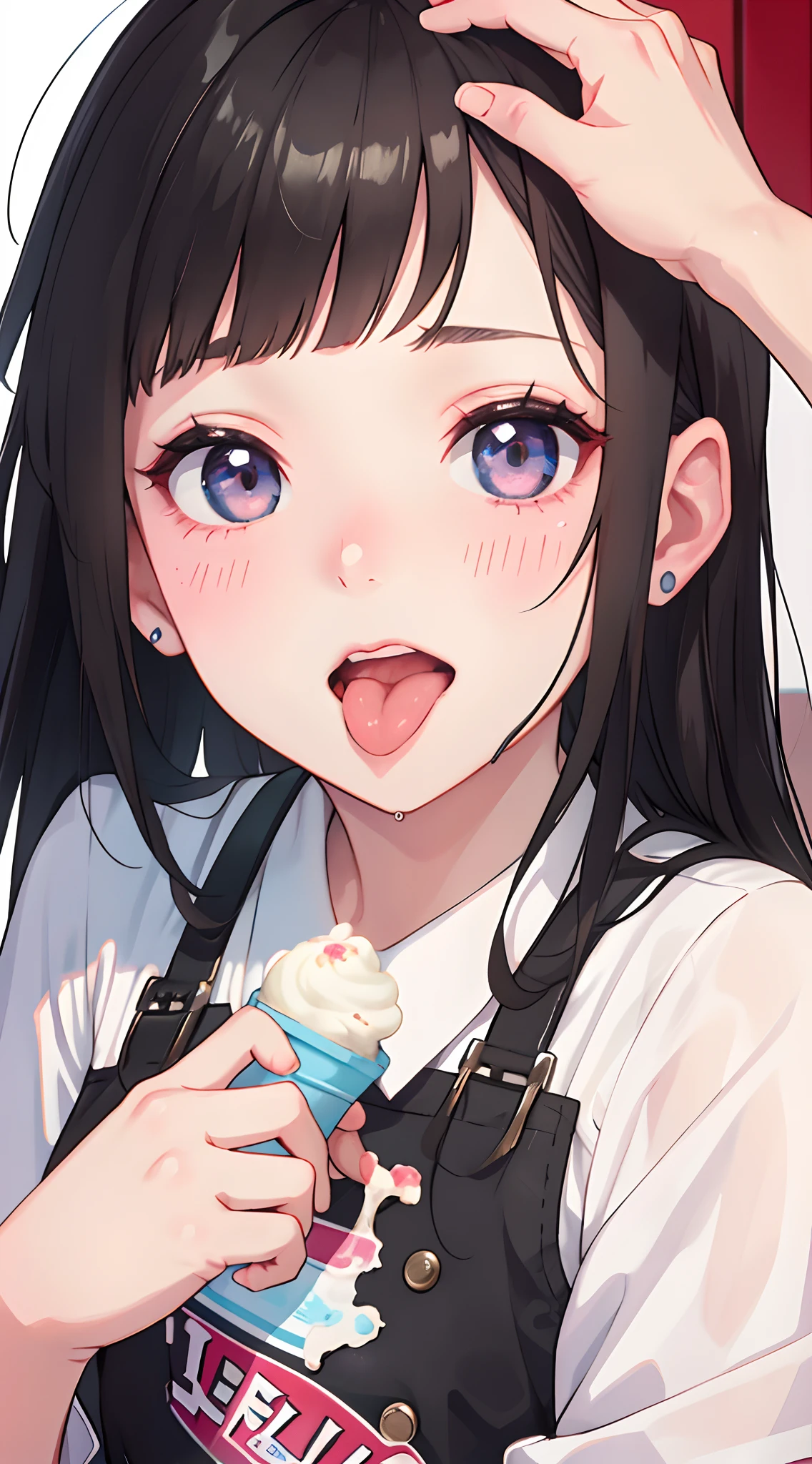 The girl opened her mouth and stuck out her tongue to lick the ice cream, her face close-up, her face flushed, her eyes looking to the side