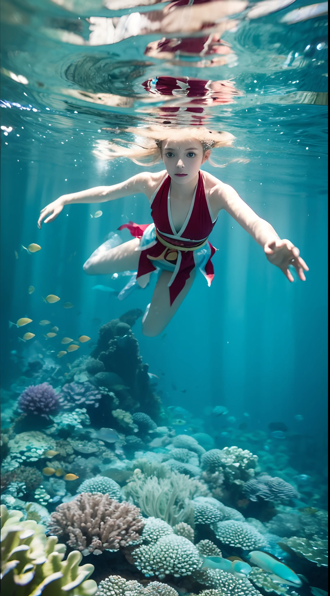 Portrait of1 18 year old girl underwater wearing a short skirt, (swimming underwater:1.6), bolhas, seios grandes, Rainbow colored hair on sea bottom, bolhas e peixes em volta, Front image camera angle from bottom to top, Looking and smiling at the camera, Ultra realistic 8k cinematic climate with details