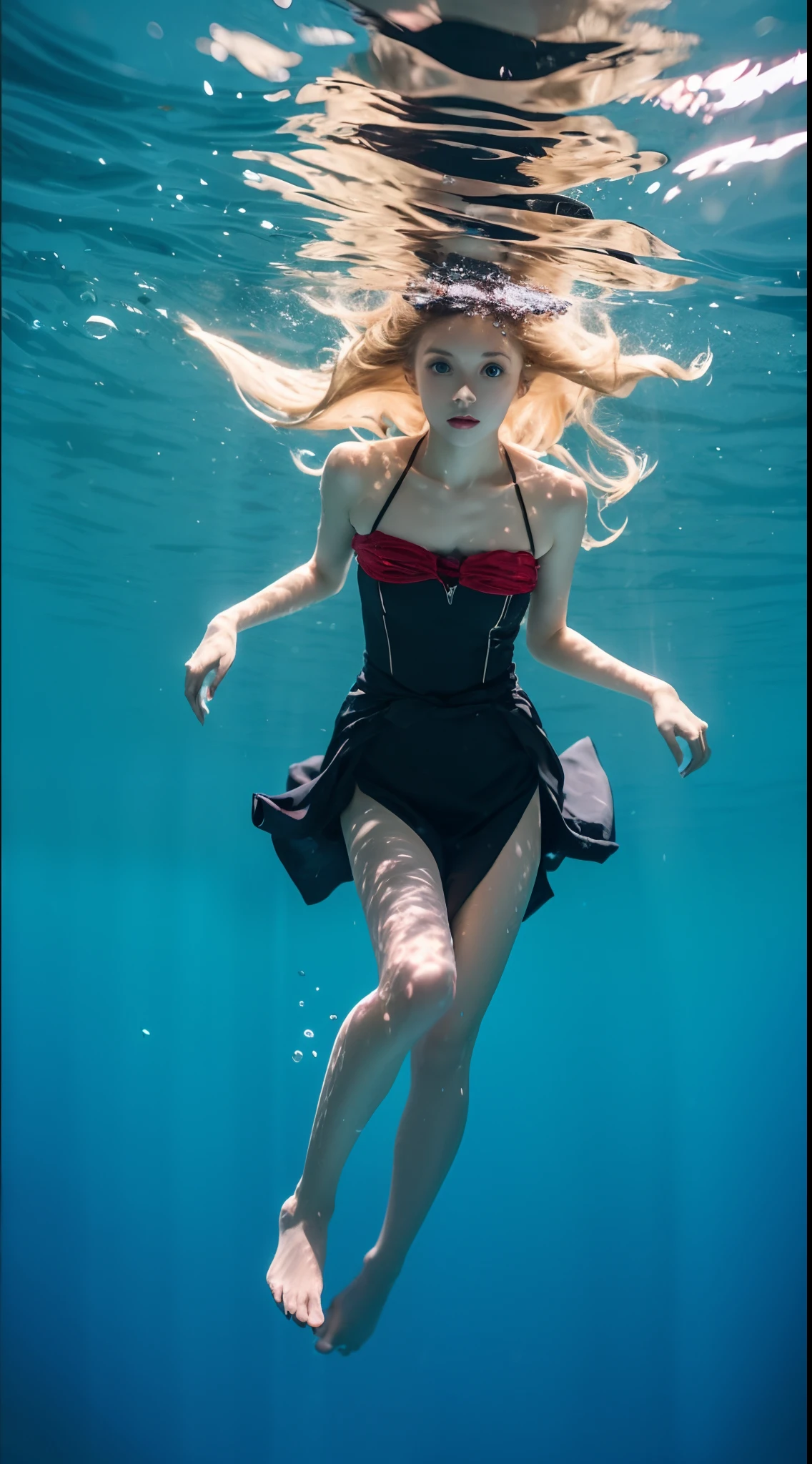Best quality,tmasterpiece,Partial underwater photography,Reflectors,Blonde 1.3 ,Messy hair floating,slimfigure,Hanfu,long leges