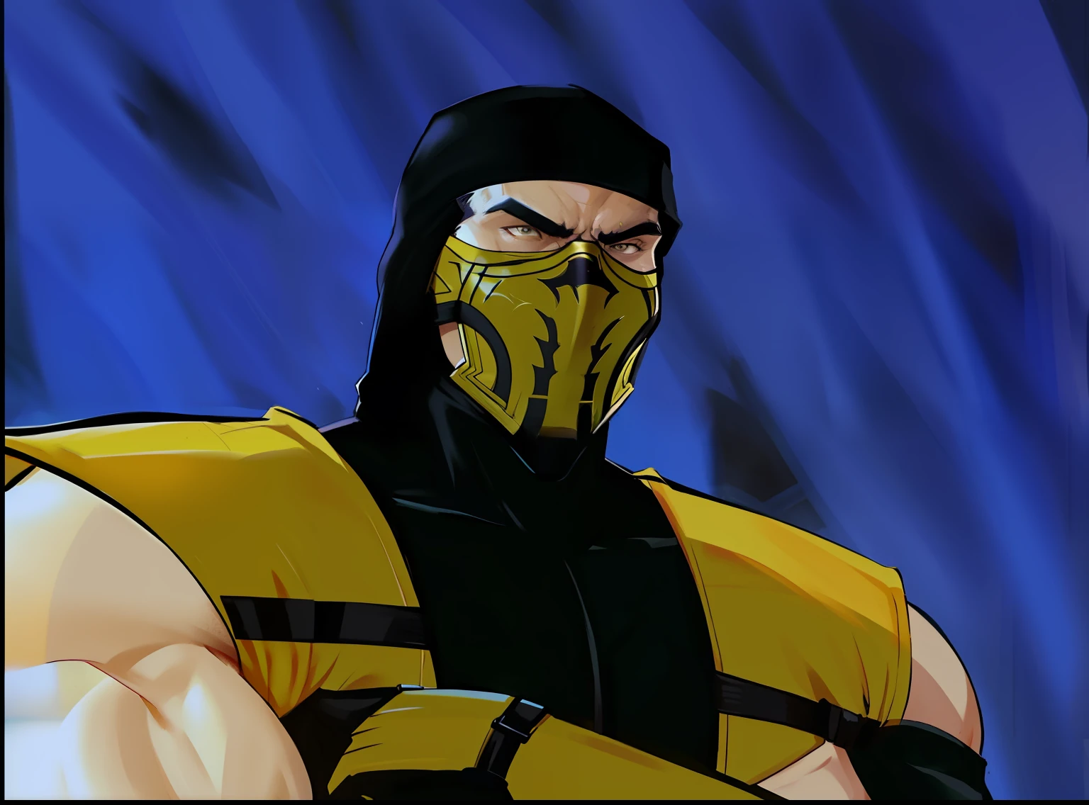 A close up of , [scorpion from mortal kombat],  character from mortal kombat, scorpion, in mortal kombat, mk ninja, menacing appearance, ninja, menacing pose, nefarious smirk, he wears dark visors, Neal Adams