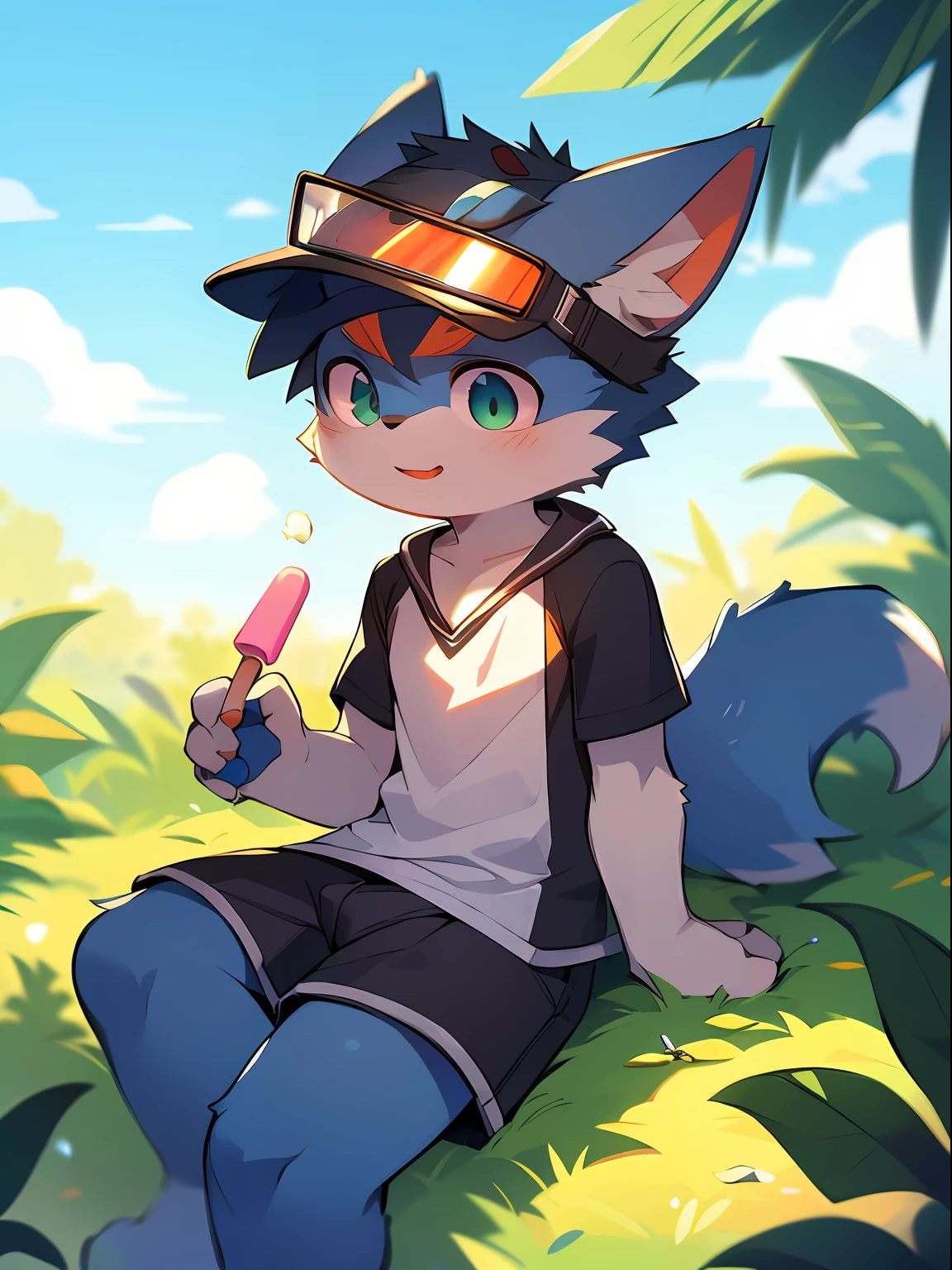 author：Jrjresq, author：Kirito, mammal, Furry, Male, Solo, wears, visor, Lick popsicles, Summer,