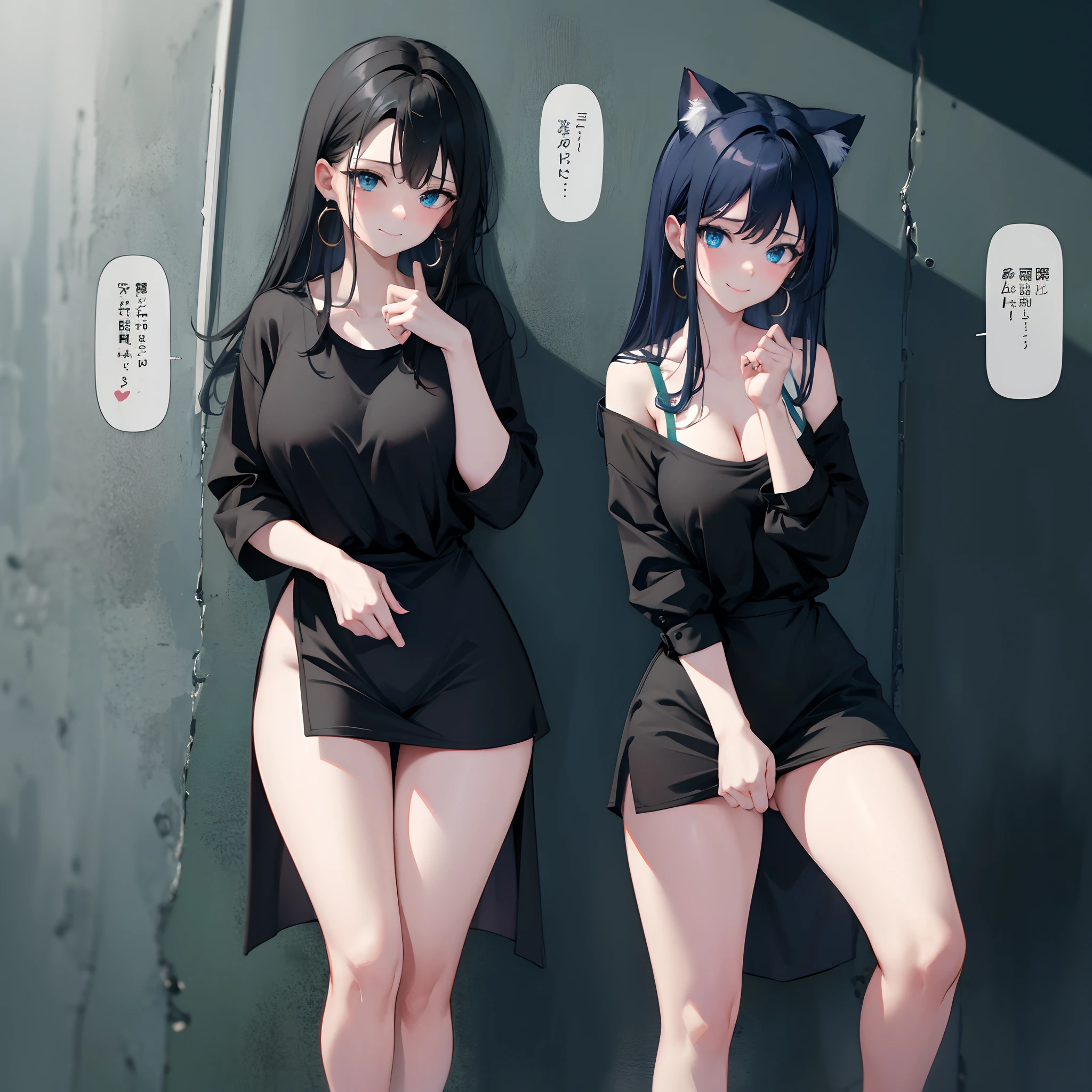 1cat girl, long black hair, blue eyes, wearing shiny black one piece swimsuit, aqua cropped t-shirt, black skirt, beach, absurdres, high res, ultrasharp, 8k, masterpiece, looking at viewer, seductive, seductive pose, sexy, captivating, large breasts, cute yet seductive smile, attractive, sexy shape, sexy curves, large dangle earrings, determined look