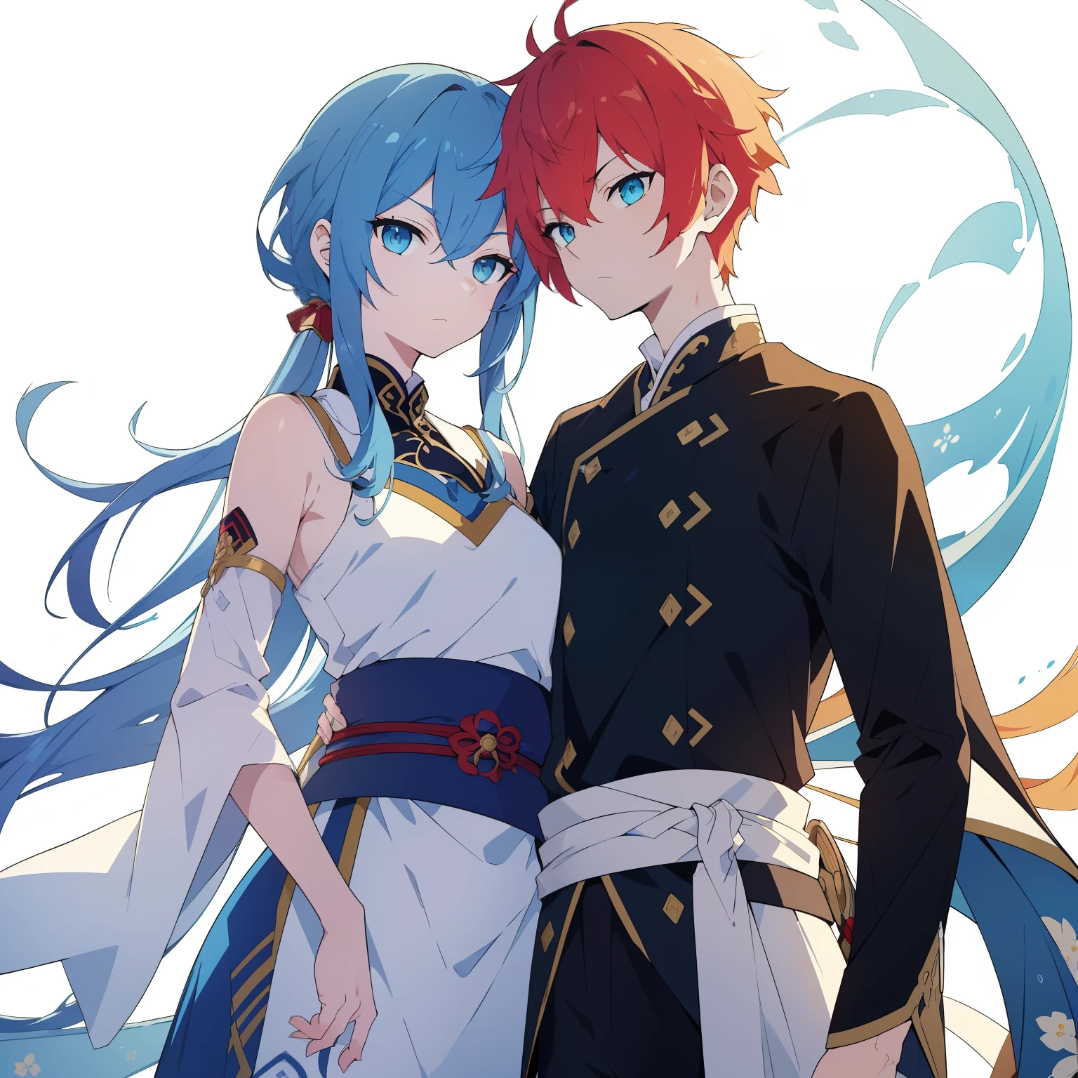 2 people)(best quality),(((ultra detailed))),(((masterpiece))),illustration," "blue hair, serious expression, yellow hanfu with dragon pattern, talking to me, red hair, white hanfu, white hair, white hanfu, servant hanfu, conversation, serious conversation"