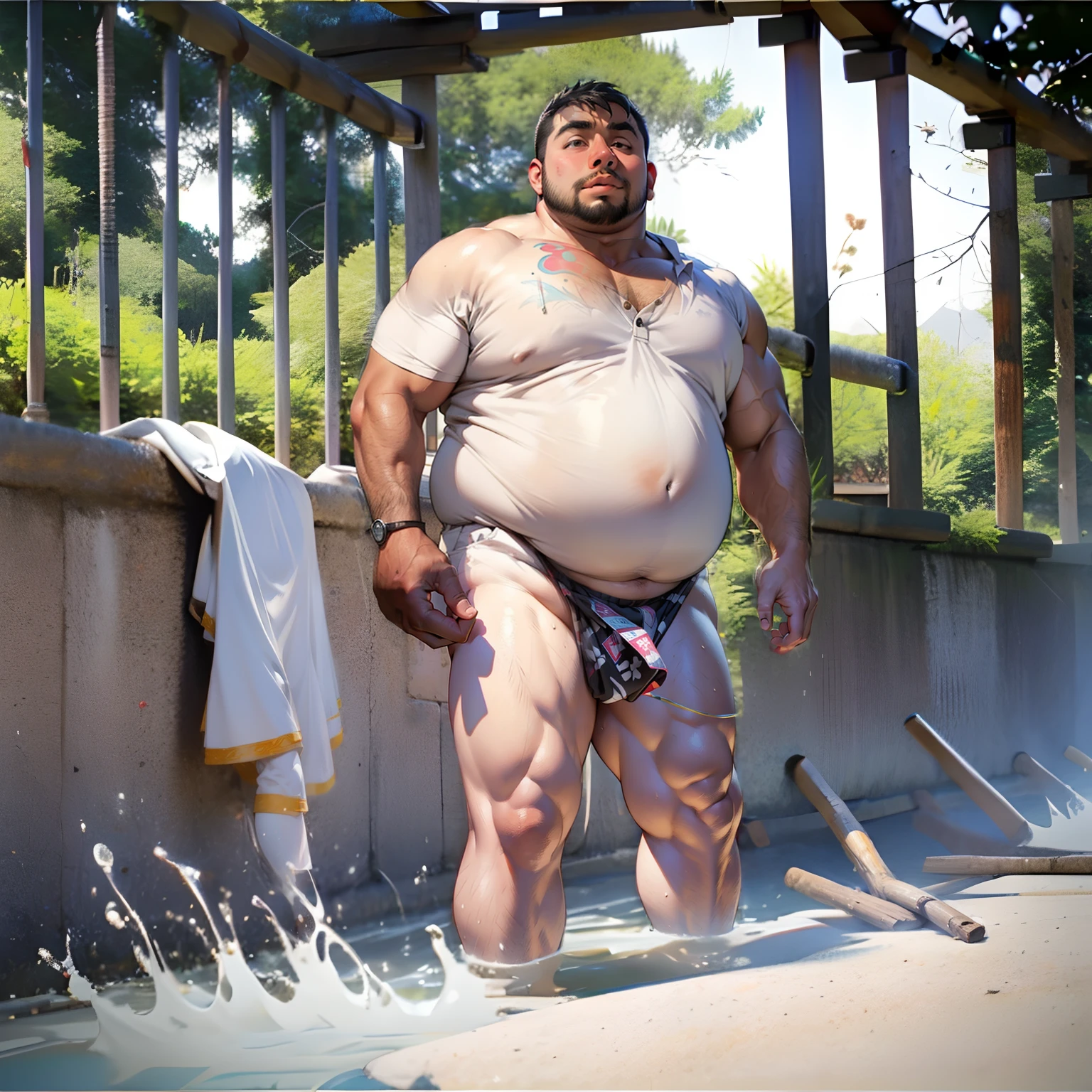 black-skinned, Fat muscle, Obese young man, Bathhouse, standing on your feet