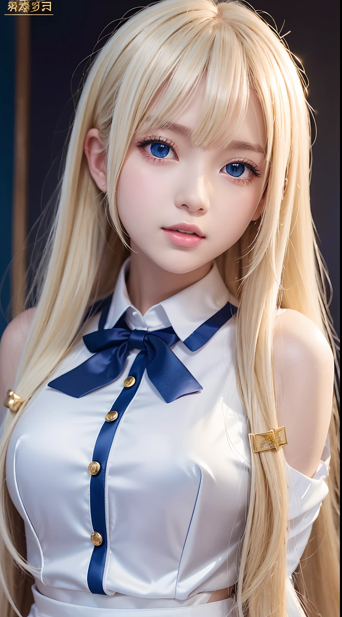 porate、School uniforms、bright expression、poneyTail、young and shiny white shiny skin、Best Looks、Gold reflects light、Platinum blonde hair,Shine brightly、Shiny light hair,、Super long silky straight hair、Beautiful bangs that shine、Big blue eyes sparkling,Like crystal clear,mesmerising、Very nice and lovely girl、Lush bust