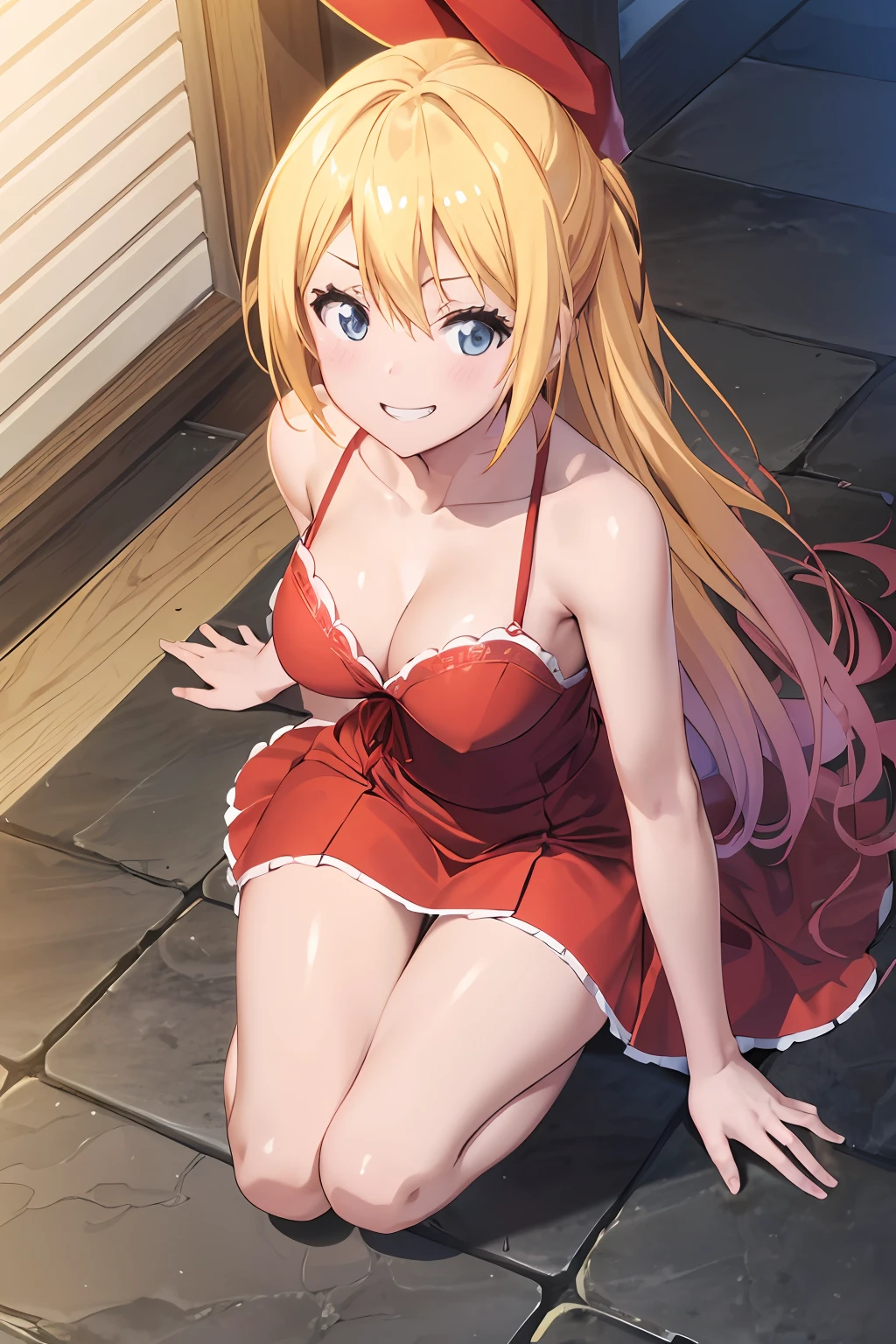 (the Extremely Detailed CG Unity 8K Wallpapers), (masutepiece), (Best Quality), (Ultra-detailed), (Best Illustration), (Best Shadow), (absurderes), 1girl in, Solo, Kirisaki Sentoge, Red dress、Looking at Viewer, Smile, grin、is standing