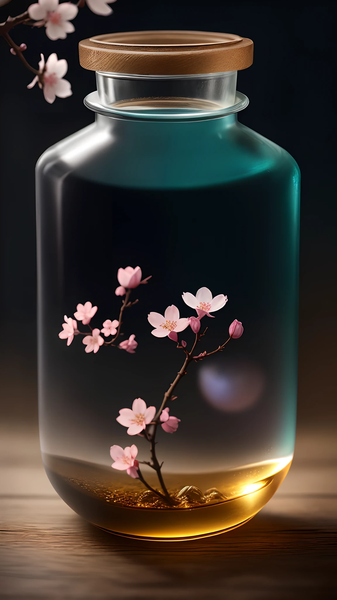 Cherry blossom tree in a bottle，Grows out of the bottle，nipple sticking out，fluffly，realisticlying，Atmospheric light refraction，Photo by Lee Jeffries，Nikon D850 Film Stock Photo 4 Kodak Portra 400 Camera F1.6 shots，rich colours，hyper realistic lifelike texture，dramatic  lighting，unreal engine trending on artstation cinestill 800，Style-Glass