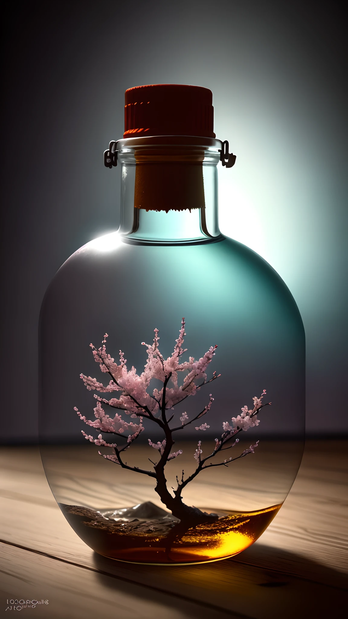 Cherry blossom tree in a bottle，Grows out of the bottle，nipple sticking out，fluffly，realisticlying，Atmospheric light refraction，Photo by Lee Jeffries，Nikon D850 Film Stock Photo 4 Kodak Portra 400 Camera F1.6 shots，rich colours，hyper realistic lifelike texture，dramatic  lighting，unreal engine trending on artstation cinestill 800，Style-Glass