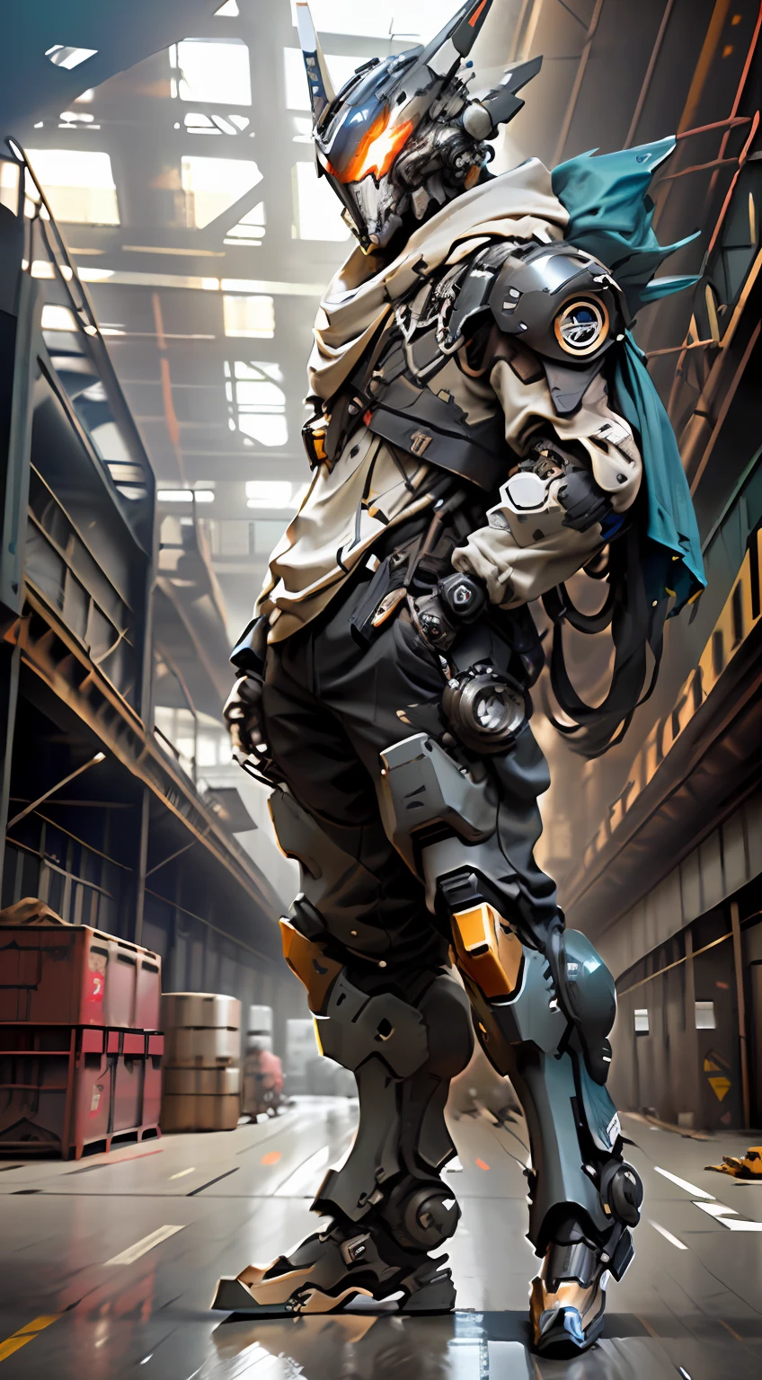 araffe in a factory with a large robot standing in front of it, mecha suit, alexandre ferra mecha, painterly humanoid mecha, beautiful robot character design, wojtek fus, cgsociety concept art, mech suit, rolands zilvinskis 3d render art, deviantart artstation, inspired by Marek Okon, trending artstation