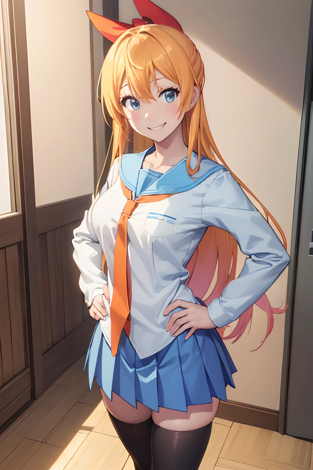 (the Extremely Detailed CG Unity 8K Wallpapers), (masutepiece), (Best Quality), (Ultra-detailed), (Best Illustration), (Best Shadow), (absurderes), 1girl in, Solo, Kirisaki Sentoge, School uniform, serafuku, orange necktie, Light blue skirt, black thighhighs, Hands on hips, Looking at Viewer, Smile, grin