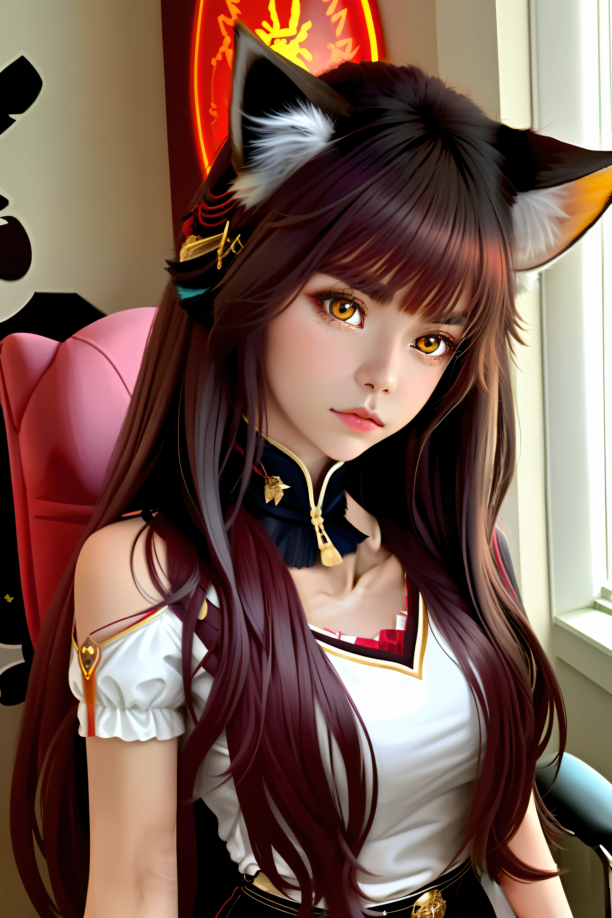 Cute girl,cat ear,deer antlers,brunette color hair,Red pupils,The sense of sacredness,Complex clothes