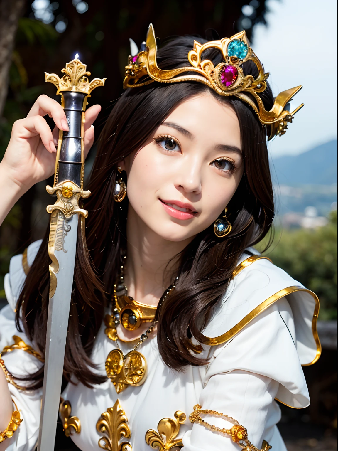 (masutepiece), Professional , ​masterpiece、top-quality、photos realistic , depth of fields （Gemstone Silver Metal Body:1.９),(Matte White、Jewel Gold Weapon（Jewel Metal Body:1.４),Gorgeous metal weapons , Detailed Sword of the Brave , Beautiful knife   ,warhammer 40k , adepta sororitas,(Army of monsters background),Detail and ornate jewel crown、Black hair、Gangle's forest background、Beautiful Caucasian beauty、１a person、dynamic ungle,(((Detailed and ornate diamond crown)))、Smaller head、A smile、Take a sexy pose、Background inside the castle、Thin and beautiful female hands、Old ancient ruins、A smile、