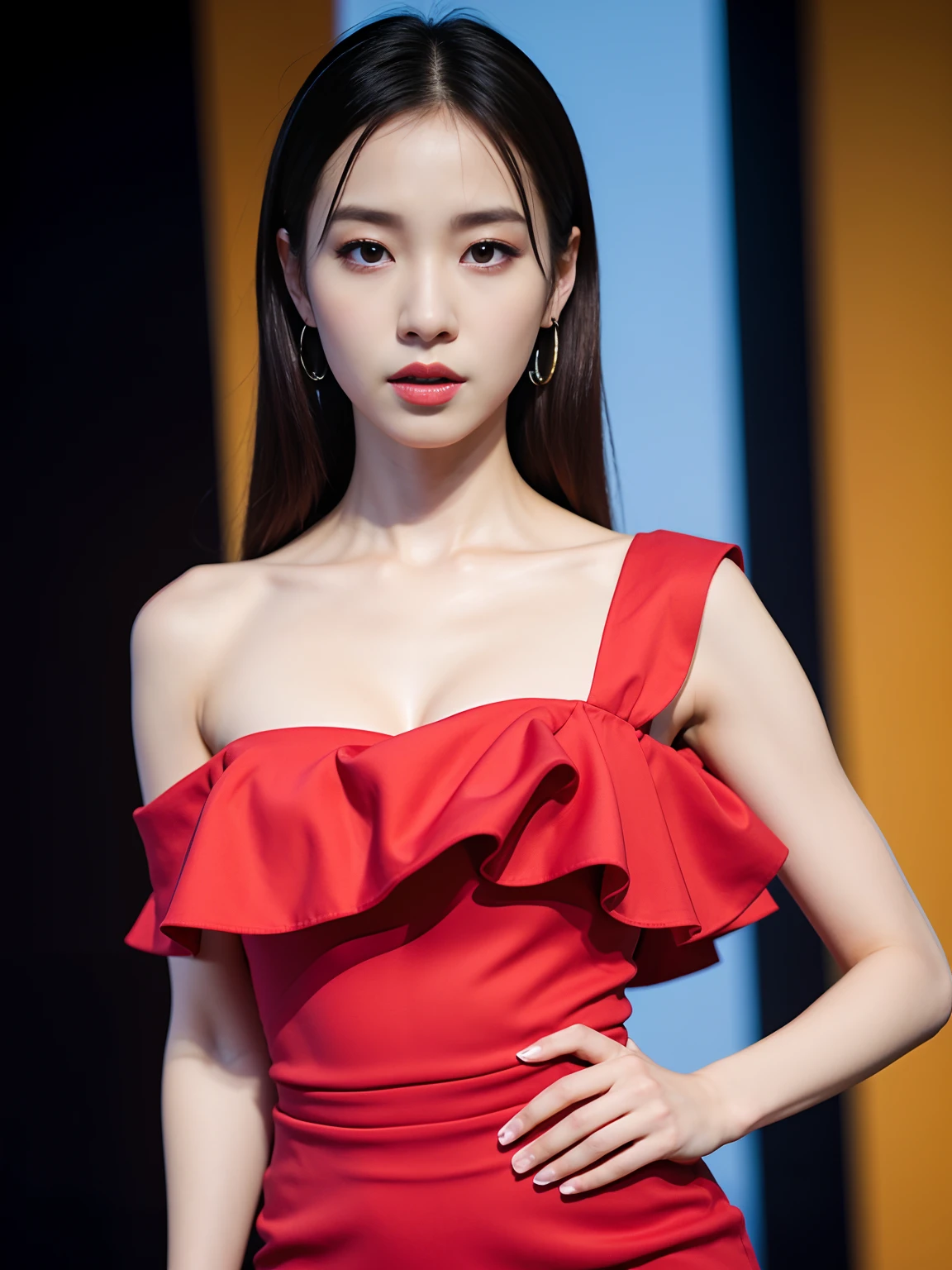 (Best quality, 8k, 32k, Masterpiece, UHD:1.2),Photo of Pretty Japanese woman, 1girl, (medium-short dark brown hair), double eyelid, fashion model, beautiful legs, unique maxi very wet red dress with slit, off-shoulder, gold belt, choker, stand tall, runway, huge stage, Paris Collection, nsfw, full body, see through,,