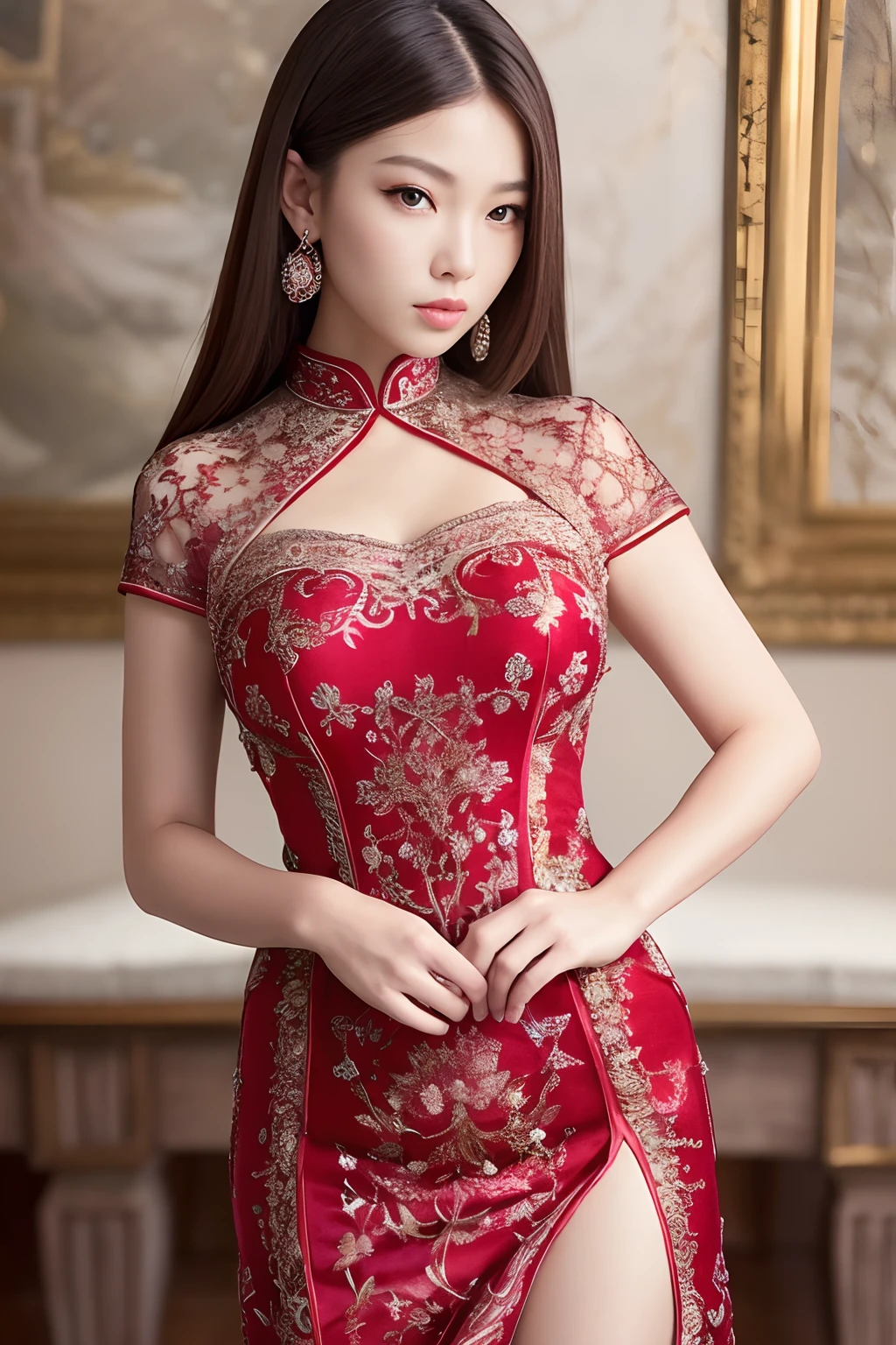 A stunning French girl in a flowing red cheongsam, in a red Chinese dress adorned with intricate patterns, wearing a metal collar and chastity belt, bathed in soft, natural sunlight with cinematic lighting., showcases her long, curly ginger hair. She stands in soft sunlight, with intricate patterns on her corset, surrounded by a cinematic backdrop. fully body, long legs