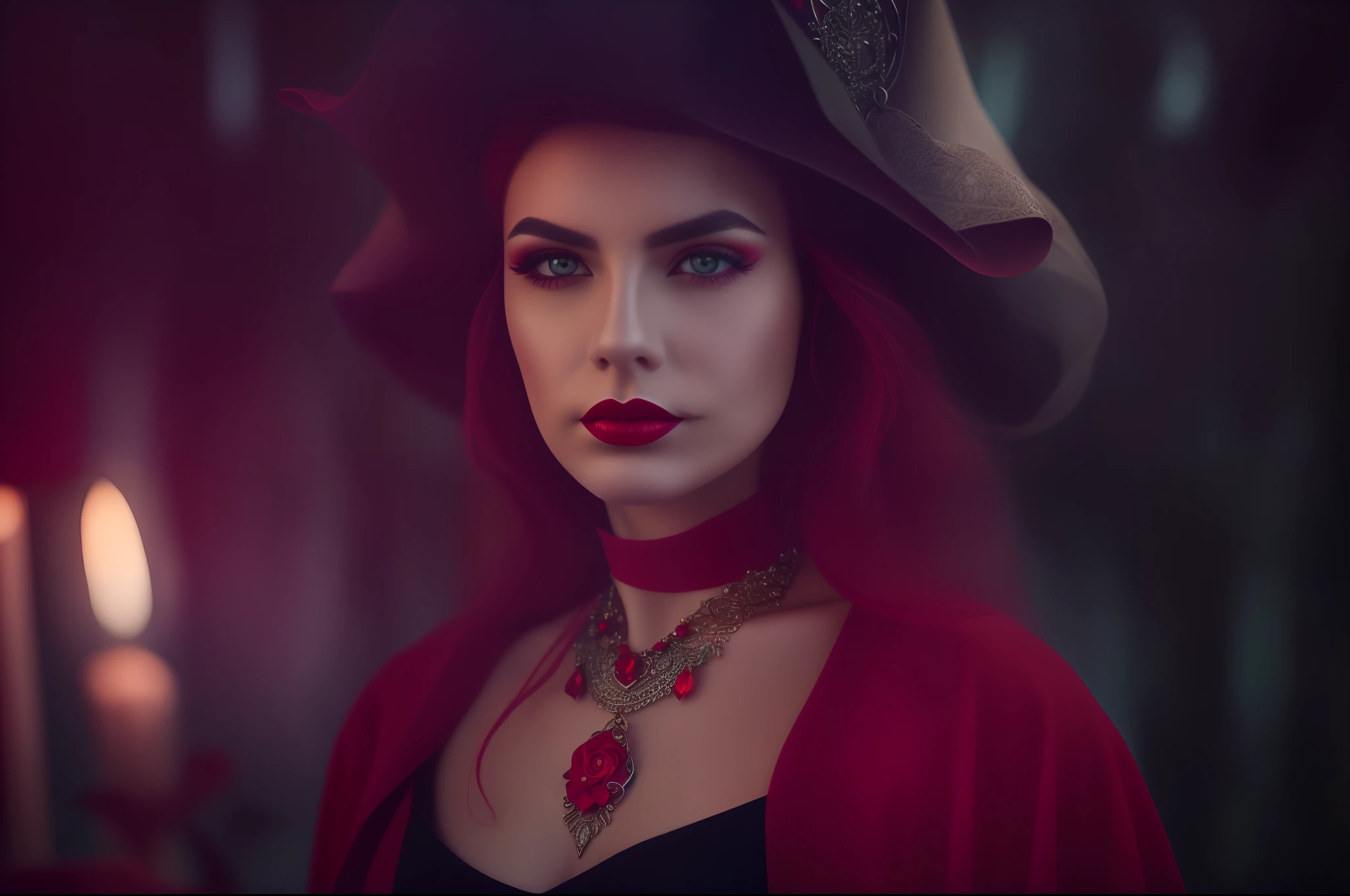 Close-up red coven Witch 21 year young lady, (detailed face) (serious face) (diamond necklace) (red lips) film lighting effects, background blur, canon 50mm lense, f/1.4 (detailed eyes)