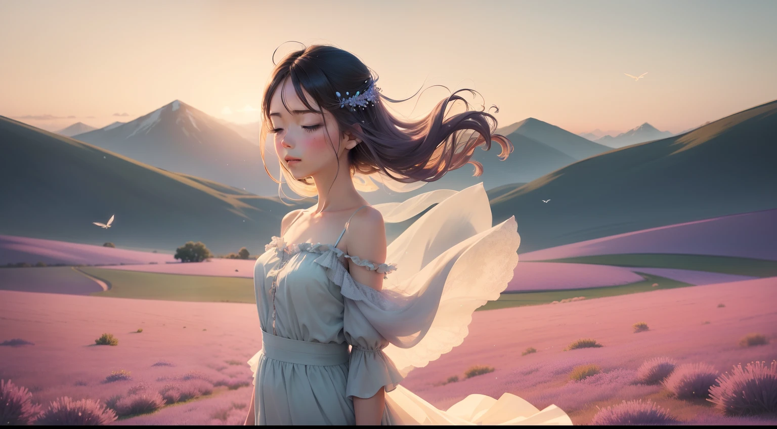 A soft, watercolor backdrop in muted shades of lavender, sky blue, and pale gold represents the early morning sky. Positioned centrally is a delicate silhouette of a lark, its wings outstretched in mid-flight. Below, gentle strokes depict a meadow, with hints of dewdrops glistening on grass and the faintest impressions of dragonflies hovering above. The overall effect is dreamy, ethereal, and deeply calming.