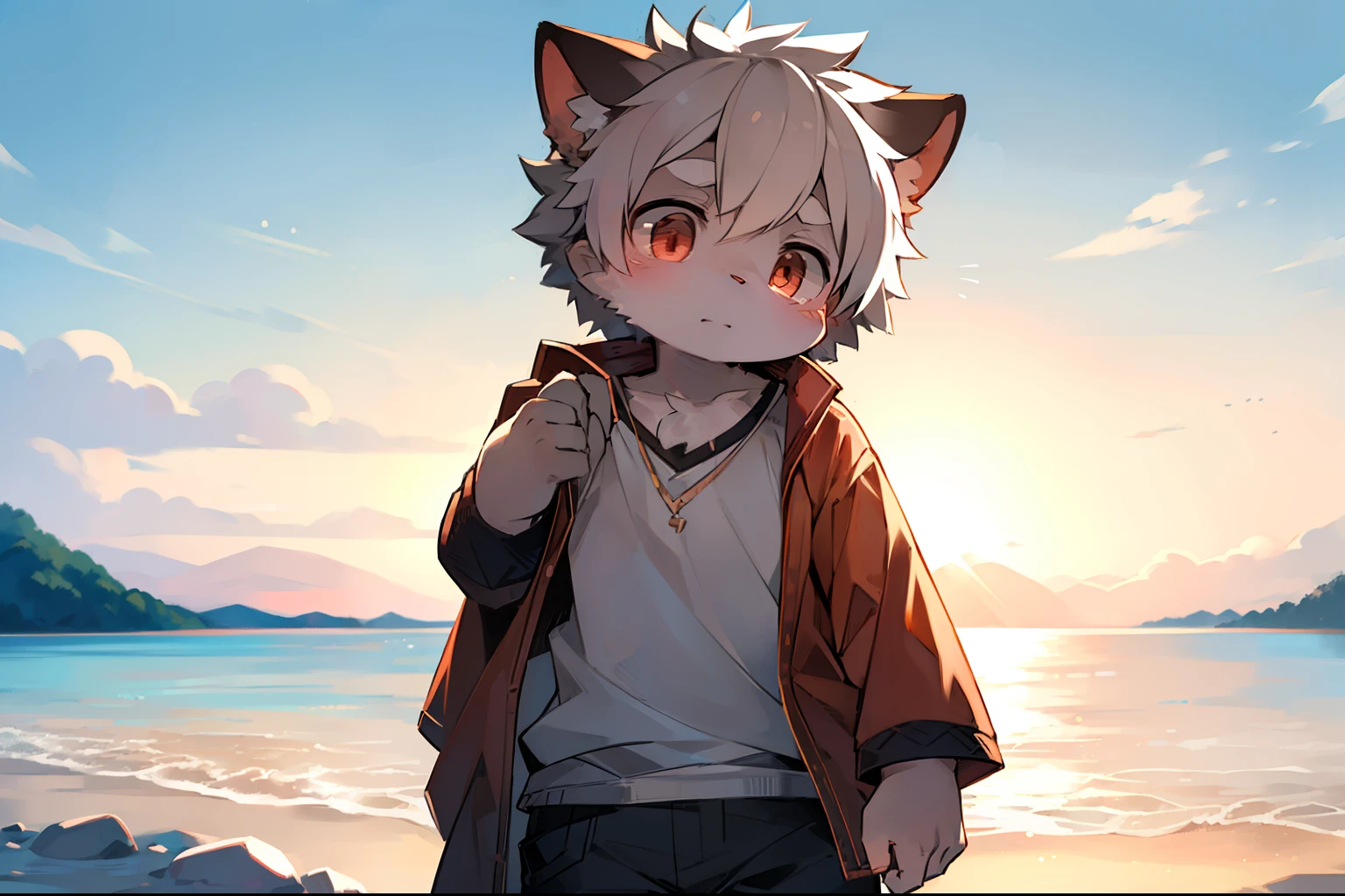 author:Jrjresq, author:Kirito,Libido boy,furry wolf,((Shota)), Black and white hair, Very good figure, Handsome,adolable, Light:Hazy light and shadow, Reflective skin,Reddish skin,((worn-out clothing,Commoner)) ,((beachside,standing on the rock,sandbeach,solo person,独奏,1doy)),Outdoor sunset,((the detail)),(depth of fields),((Libido boy,Shota)),(by Dagasi:1.1)