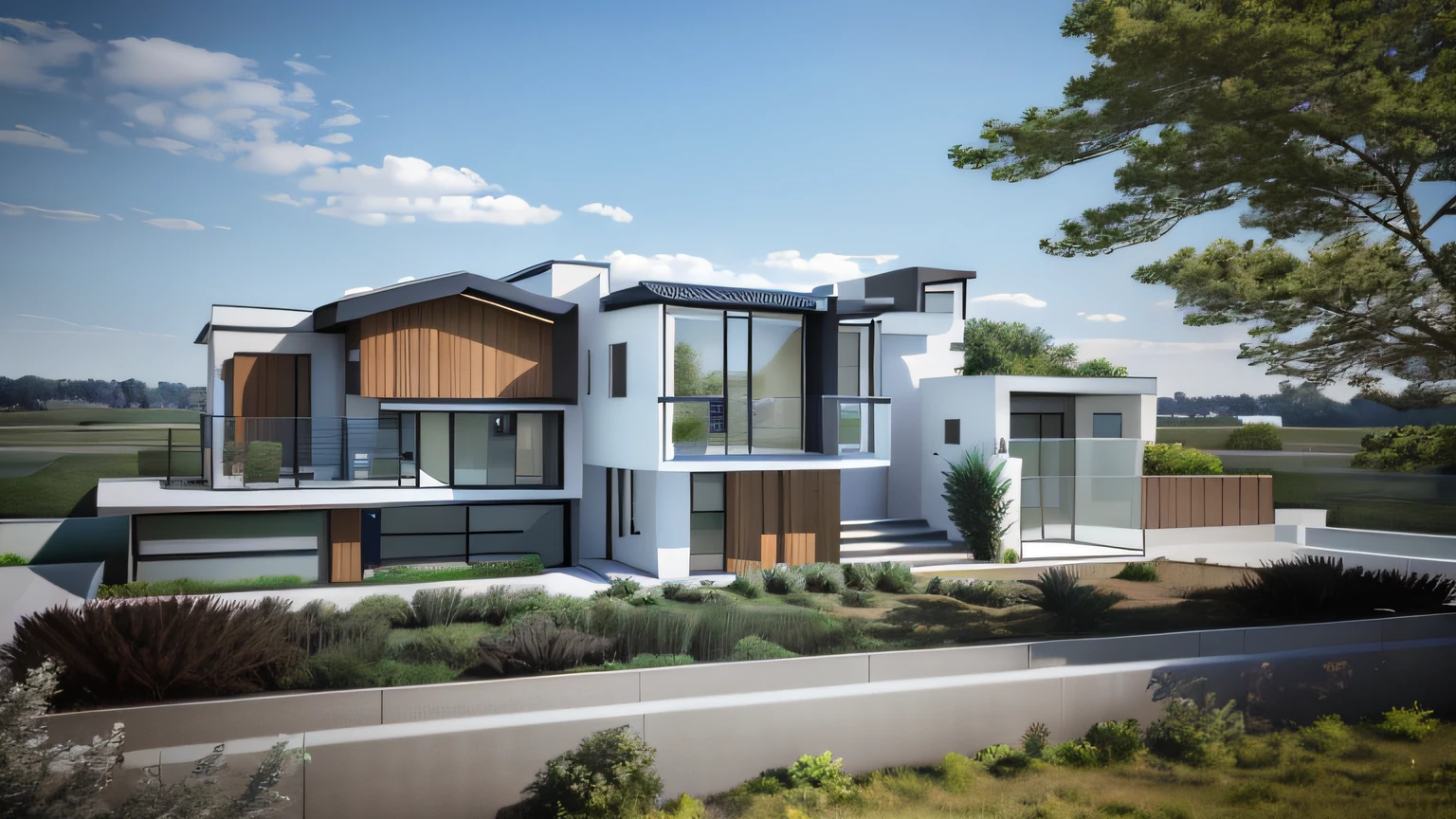 Renderings of a modern house with a green roof and blue sky, 3 / 4 view, 3/4 view, zoom out view, a digital rendering, 3 d rendered, 3D rendering of, 3/4 view realistic, front view dramatic, wide establishing shot, 3 d rendered, up front view, Perspective view, 3/4 side view