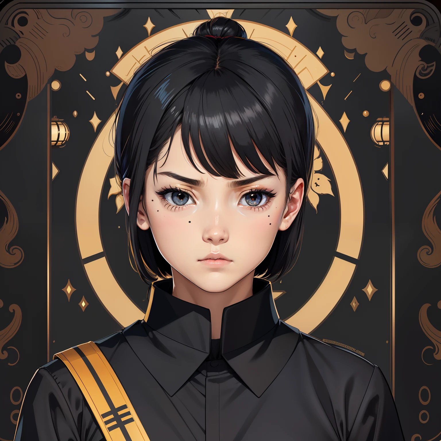 character chart(frontage,Lateral face,on back,The same person), 8k, super detail,boy,black in color,Wear a Japanese-style stand-up collar uniform,Golden pupils,Sanpaku eyes,bored, gloom (expression),There is a mole in the lower left corner of the lip