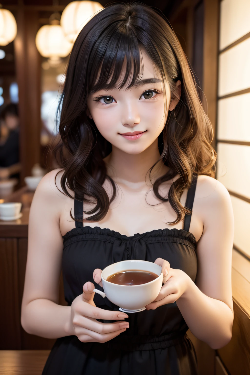 studio lights、depth of fields、full bodyesbian、A slender、cute face、a smile、Beautiful detail eyes、Japan 19 years old、cute little、Voluminous curls with warm black color、plaza、rcasual、tea shop