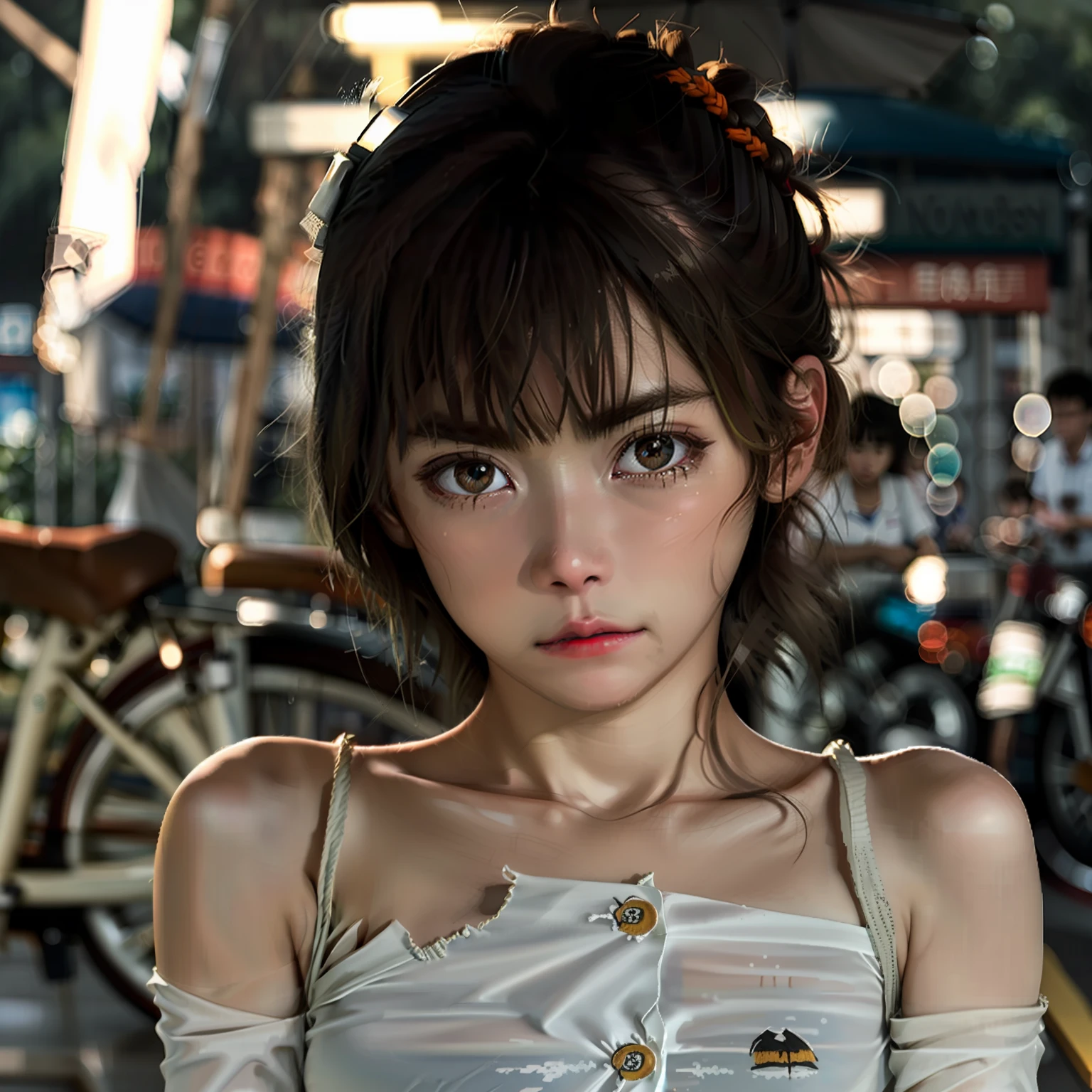 schoolgirl, Brown hair, Medium hair, Sailor suit, (Naked:1.1),  (Blushing:1.0), Detailed face, Roadside, POV crouching，Expose the inside of your legs，Best picture quality， tmasterpiece， 超高分辨率， （Fidelity：1.4）， photore， 1 pure girl，[（grieves）]，white  shirt， Dimly lit， darkly， be desperate， pitying， Cute Baby Turtle， cinematic ligh， Tears， tear drop， （torn laundry：1.5）， （wetclothes：1.4）， exposed bare shoulders， Real rain， Wet hair,..