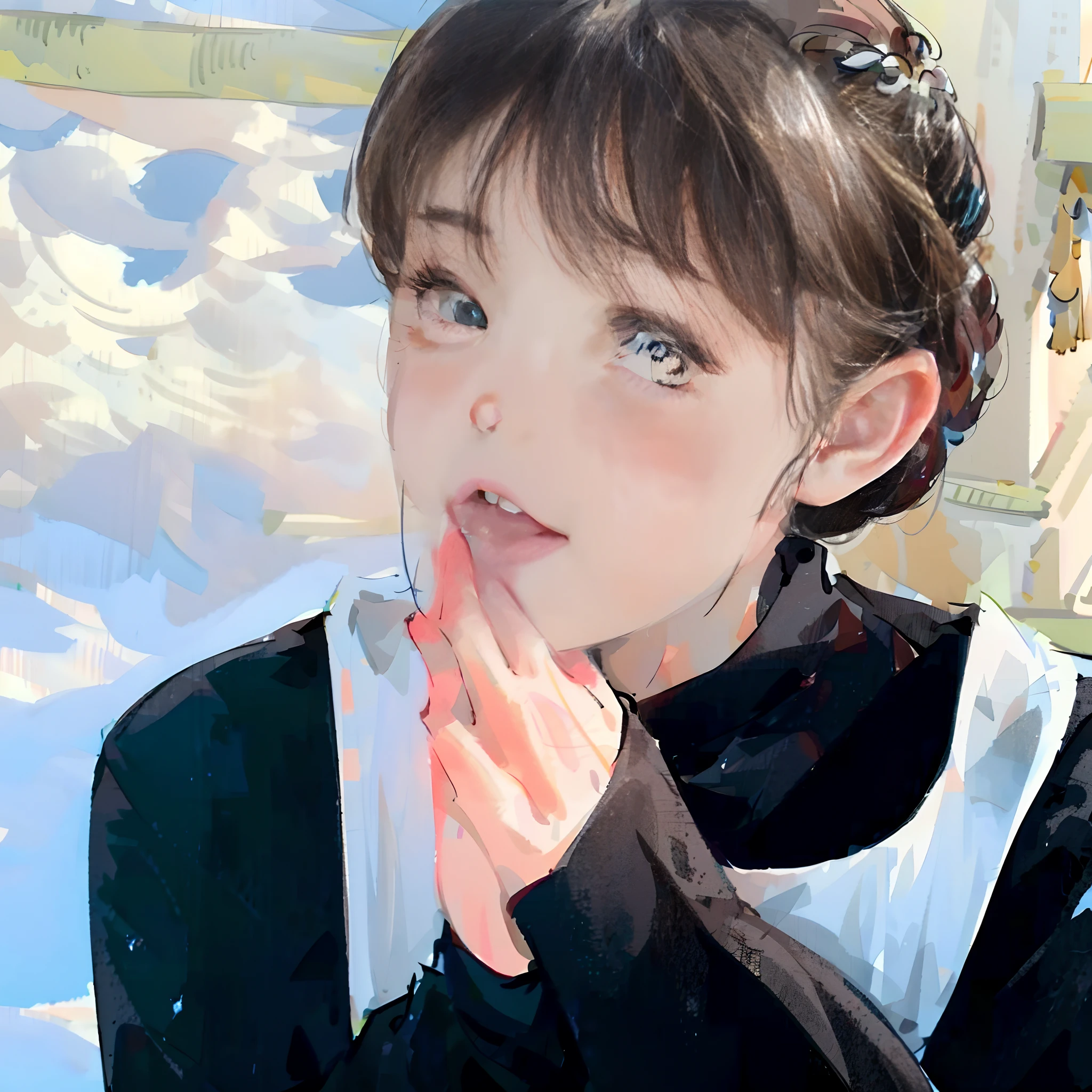 Alapi girl in black sweater and white shirt put her hand to her mouth, inspired by Ma Yuanyu, white hime cut hairstyle, ulzzangs, she has a cute expressive face, chiho, wan adorable korean face, with cute - fine - face, Anime girl in real life, She has black hair,By bangs