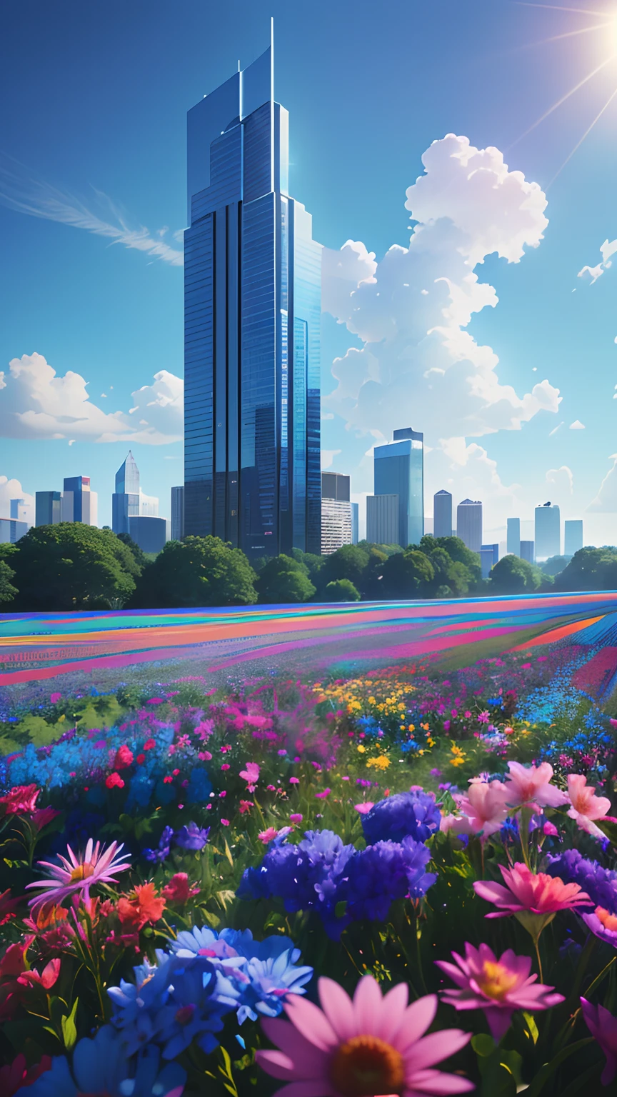 vibrant blue tinted colors, skyscraper, highly saturated colors, Fujifilm Fujichrome Provia 100F film, flower field, purity and dreamy symbolism, (muted colors:1.2), (photon mapping), octane render + hyper realistic, storage, (8k), hdr, sunny,