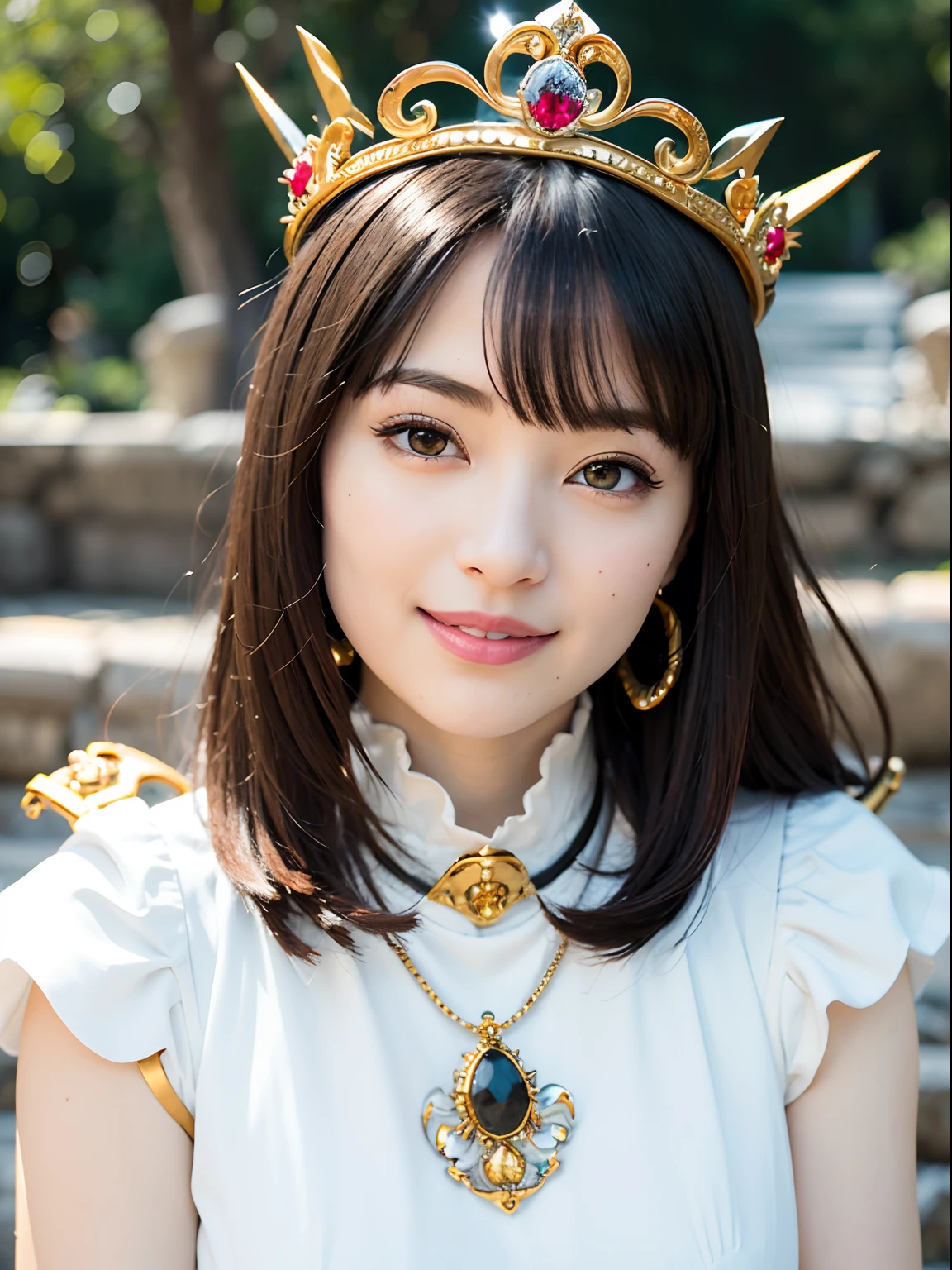 (masutepiece), Professional , masterpiece、top-quality、photos realistic , depth of fields (Gemstone Silver Metal Body:1.9),(Matte White、Jewel Gold Weapon(Jewel Metal Body:1.4),Gorgeous metal weapons , Detailed Sword of the Brave , Beautiful knife ,warhammer 40k , adepta sororitas,(Army of monsters background),Detail and ornate jewel crown、Black hair、Gangle's forest background、Beautiful Caucasian beauty、1a person、dynamic ungle,(((Detailed and ornate diamond crown)))、Smaller head、A smile、Take a sexy pose、Background inside the castle、Thin and beautiful female hands、Old ancient ruins、A smile、