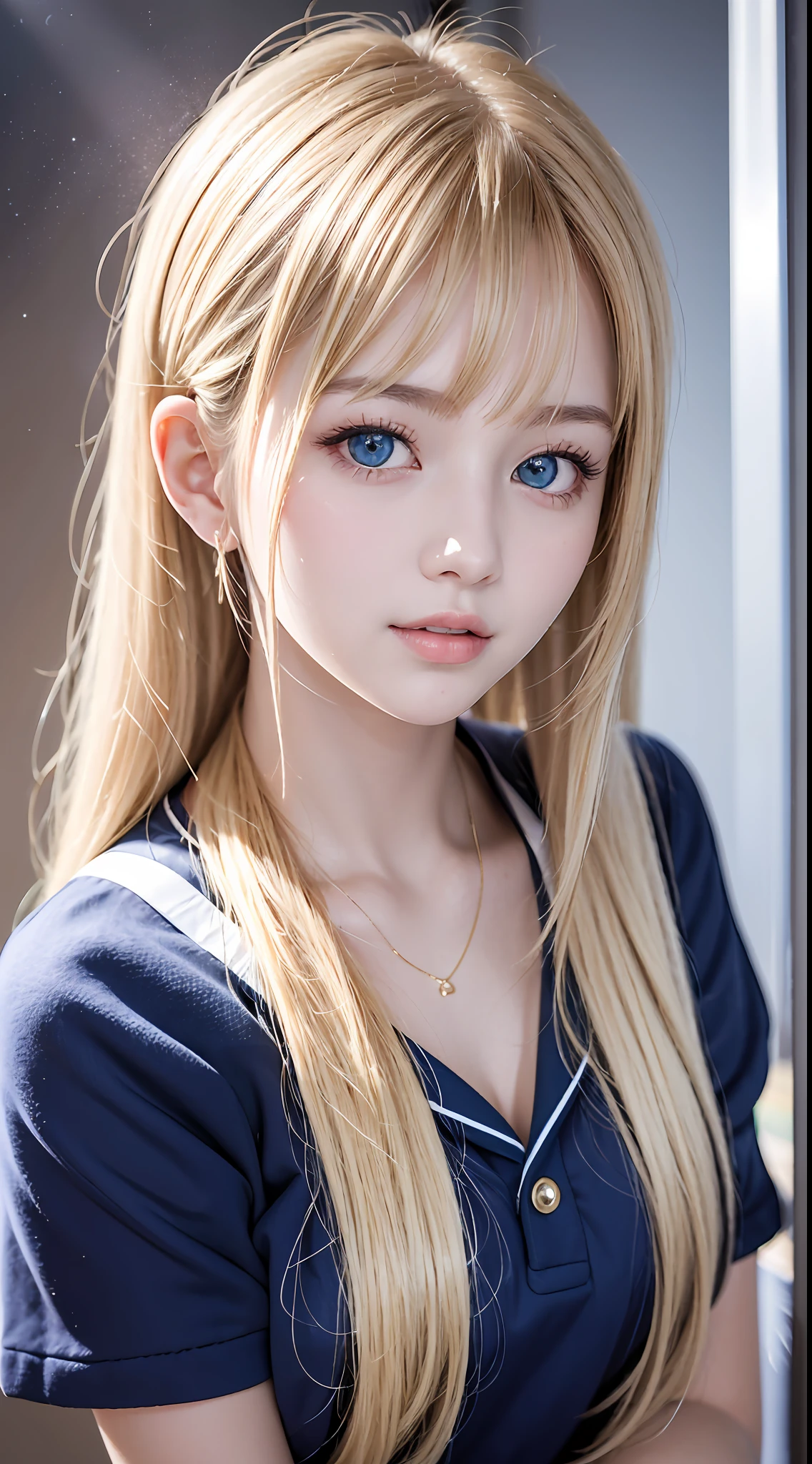 porate、School uniforms、bright expression、poneyTail、young and shiny white shiny skin、Best Looks、Gold reflects light、Platinum blonde hair,Shine brightly、Shiny light hair,、Super long silky straight hair、Beautiful bangs that shine、Big blue eyes sparkling,Like crystal clear,mesmerising、Very nice and lovely girl、Lush bust