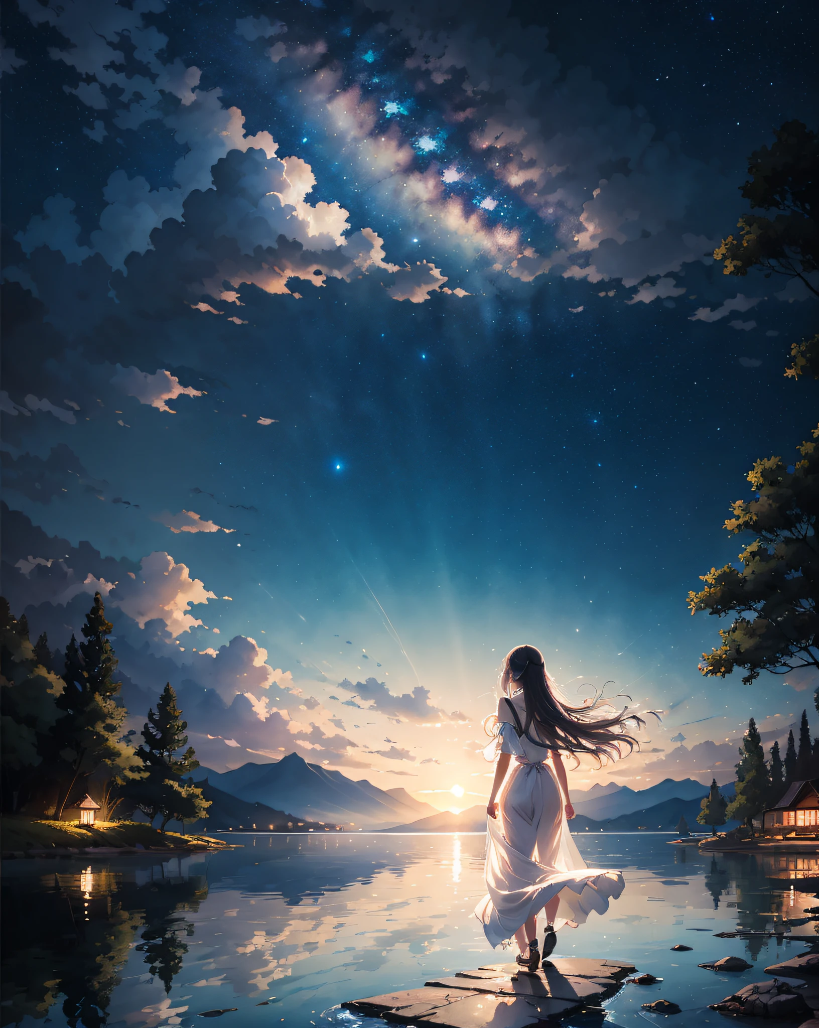 masterpiece, best quality, anime style, watercolor and digital painting, 1girl in the night lake under the starry sky, starry sea, night, lake, walking on the water, wearing a white A-line long-dress, from behind, silver long thin hair, wind, splash playing firefly, fantastic illustration,